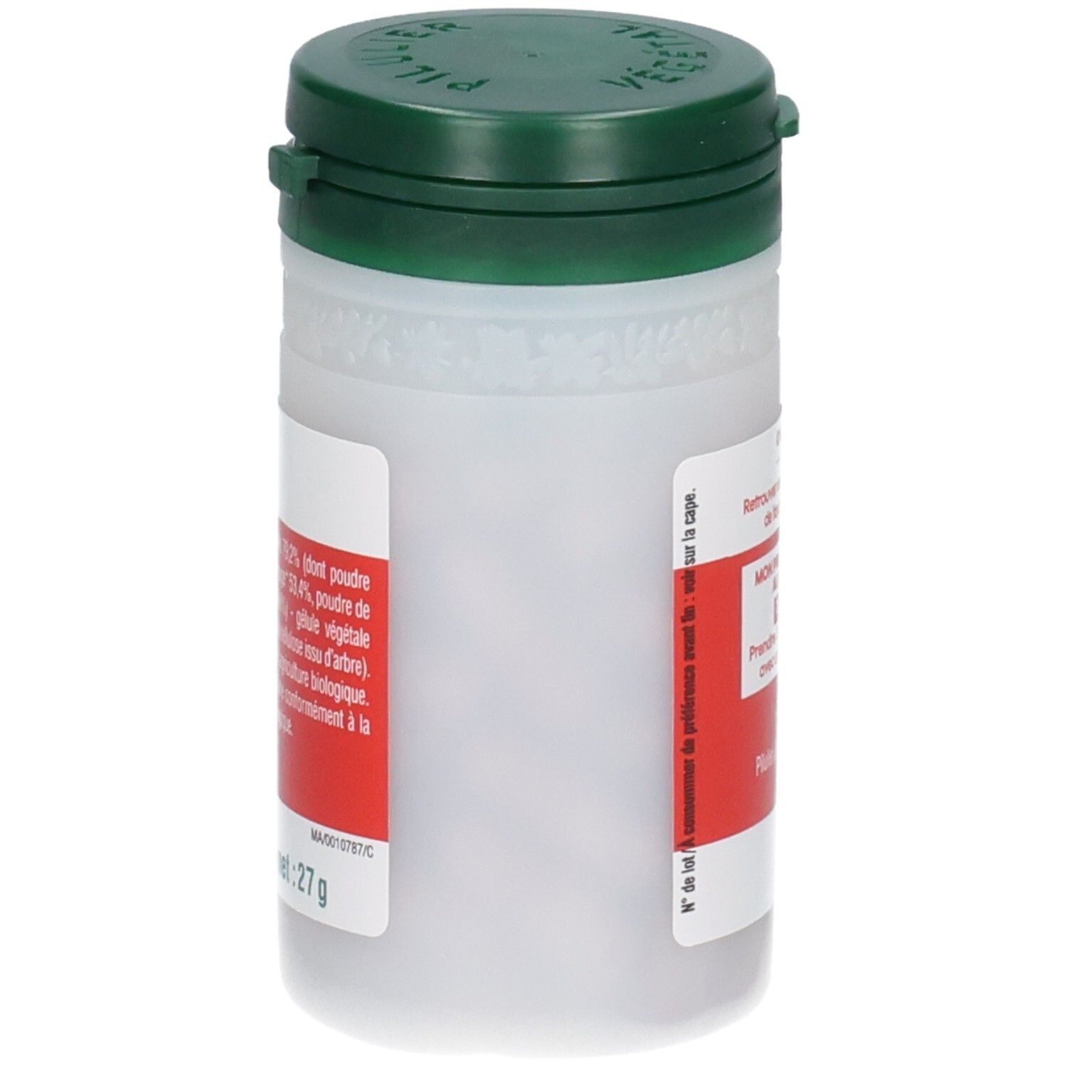 Vue latérale d'un pot blanc avec couvercle vert et étiquette rouge indiquant les ingrédients et le poids.