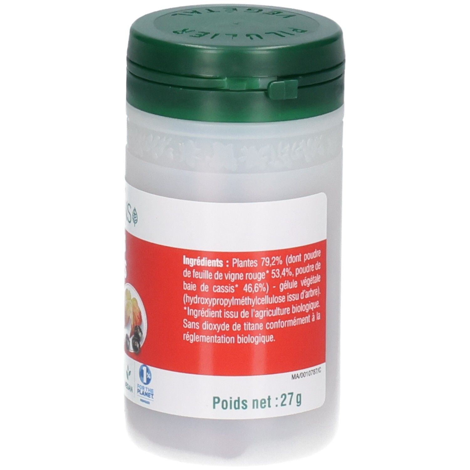 Arrière d'un pot blanc avec couvercle vert, étiquette rouge avec ingrédients détaillés et poids net.