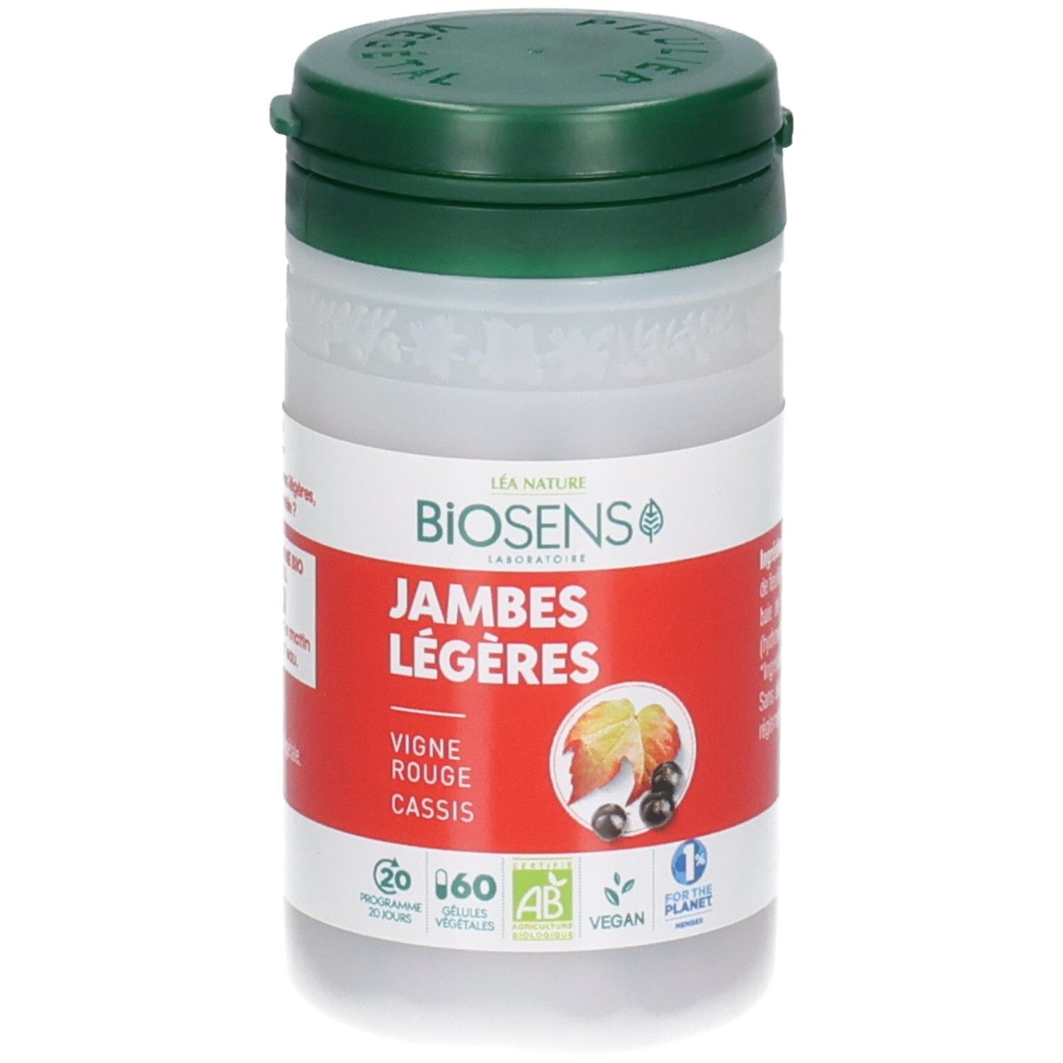 Pot blanc avec couvercle vert, étiquette rouge avec nom du produit, image de plantes et logos bio.