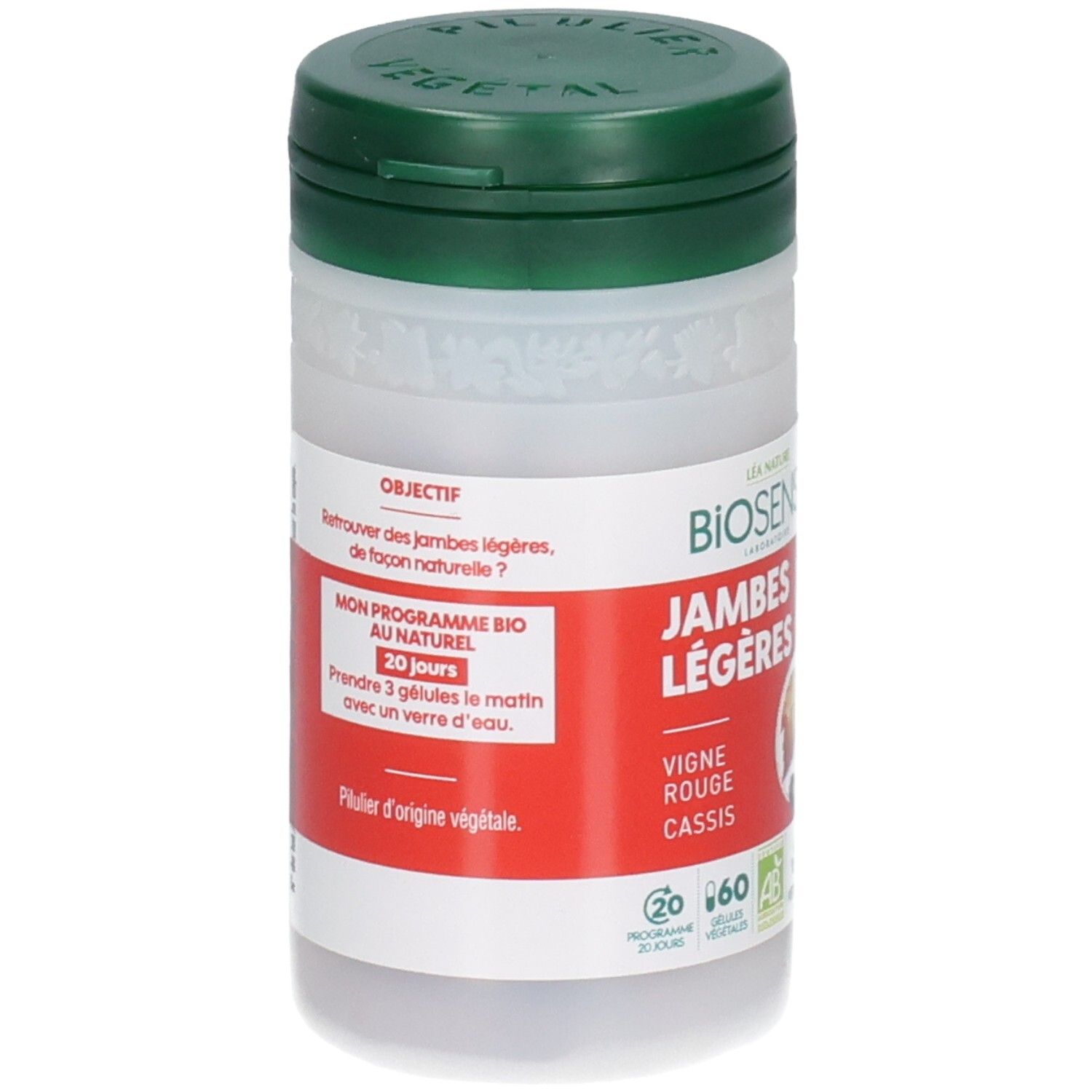 Pot blanc avec couvercle vert, étiquette rouge avec objectif et instructions pour les gélules végétales.