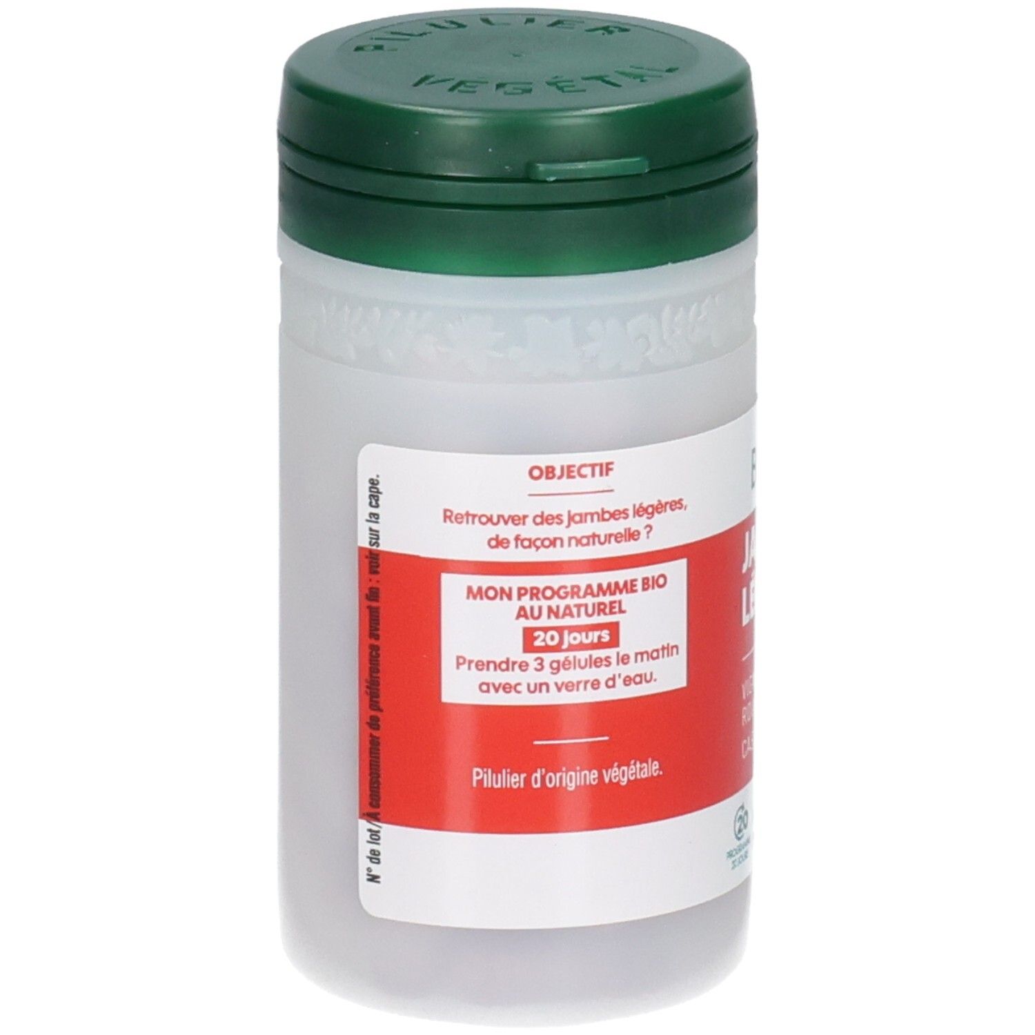 Pot blanc avec couvercle vert, étiquette rouge avec instructions d'utilisation et informations sur les gélules végétales.