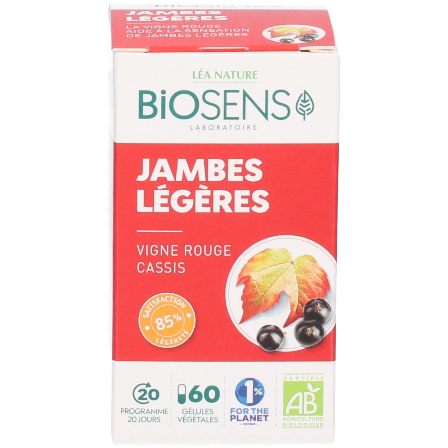 Boîte rouge avec nom produit, image plantes et logos bio, à côté d'un pot blanc avec couvercle vert.