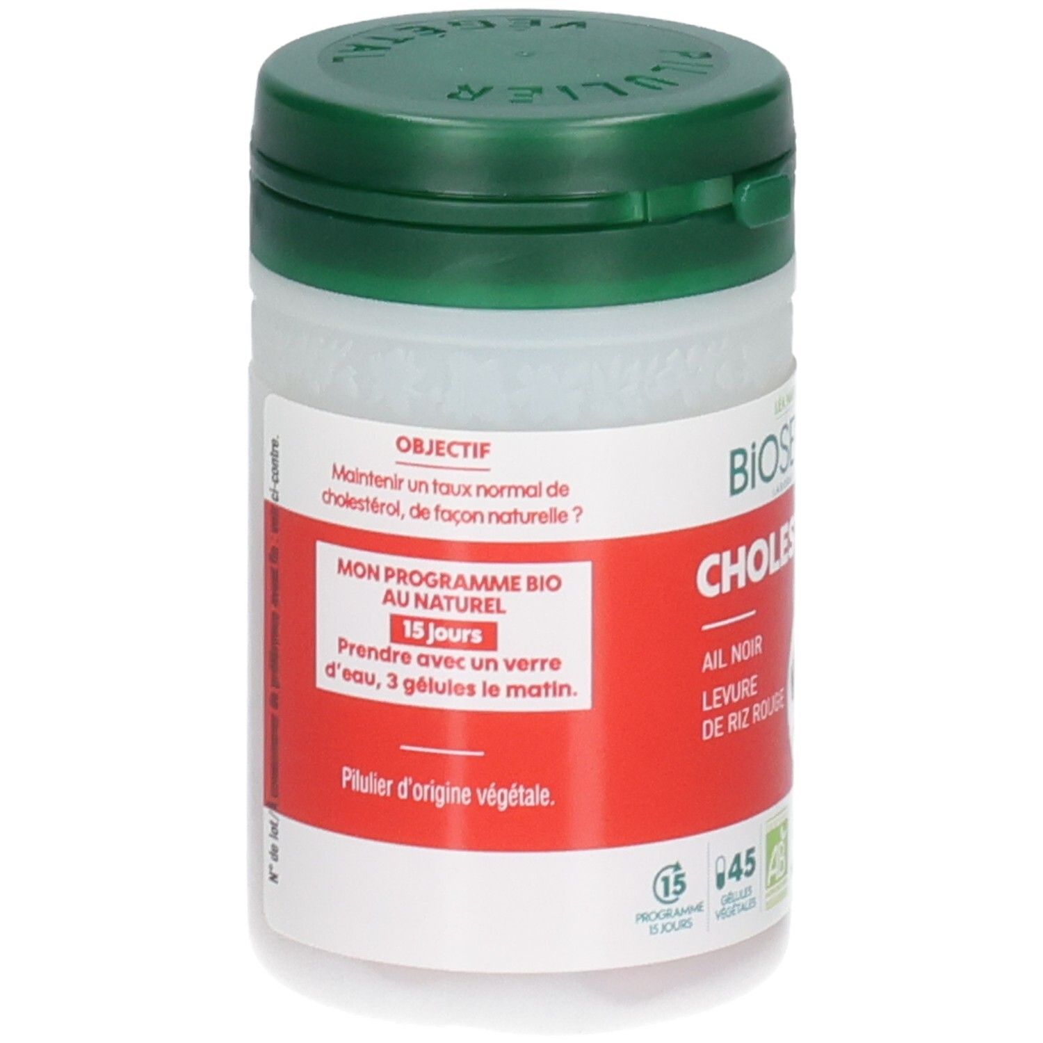 Boîte BIOSENS Cholestérol, couvercle vert. Contient 45 gélules végétales.
