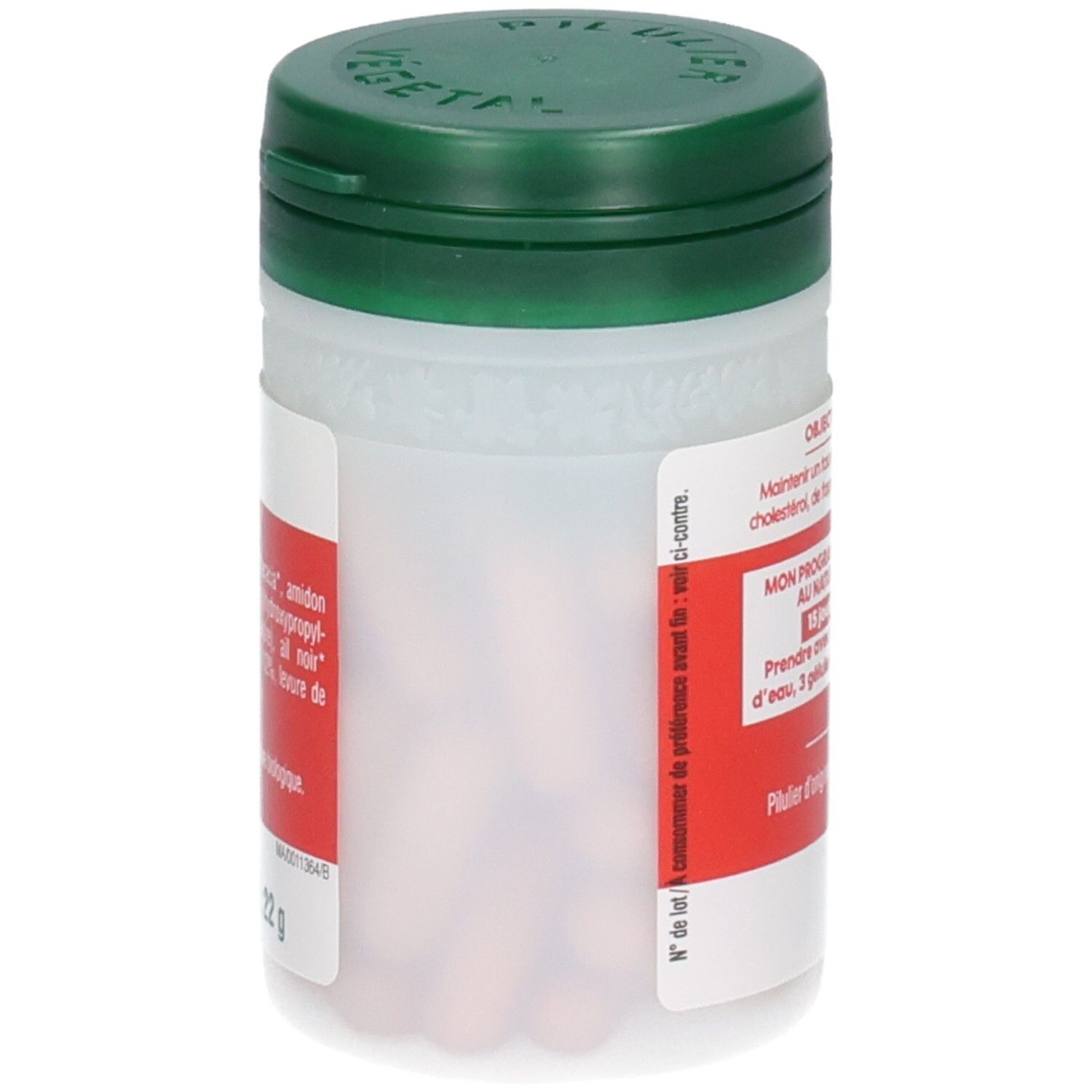 Boîte BIOSENS Cholestérol, semi-transparente, couvercle vert. Gélules visibles à l'intérieur.