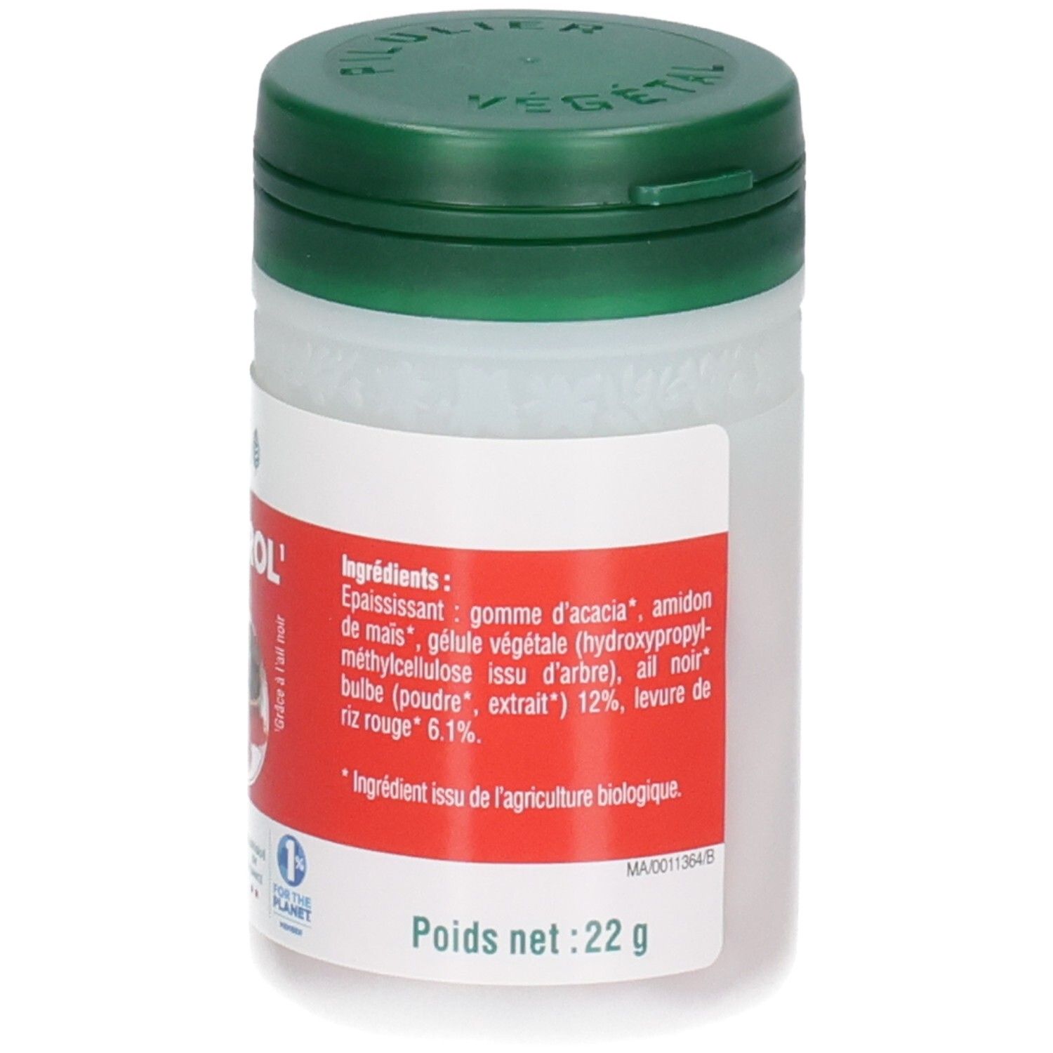 Arrière de la boîte BIOSENS Cholestérol. Contient la liste des ingrédients et poids net 22g.