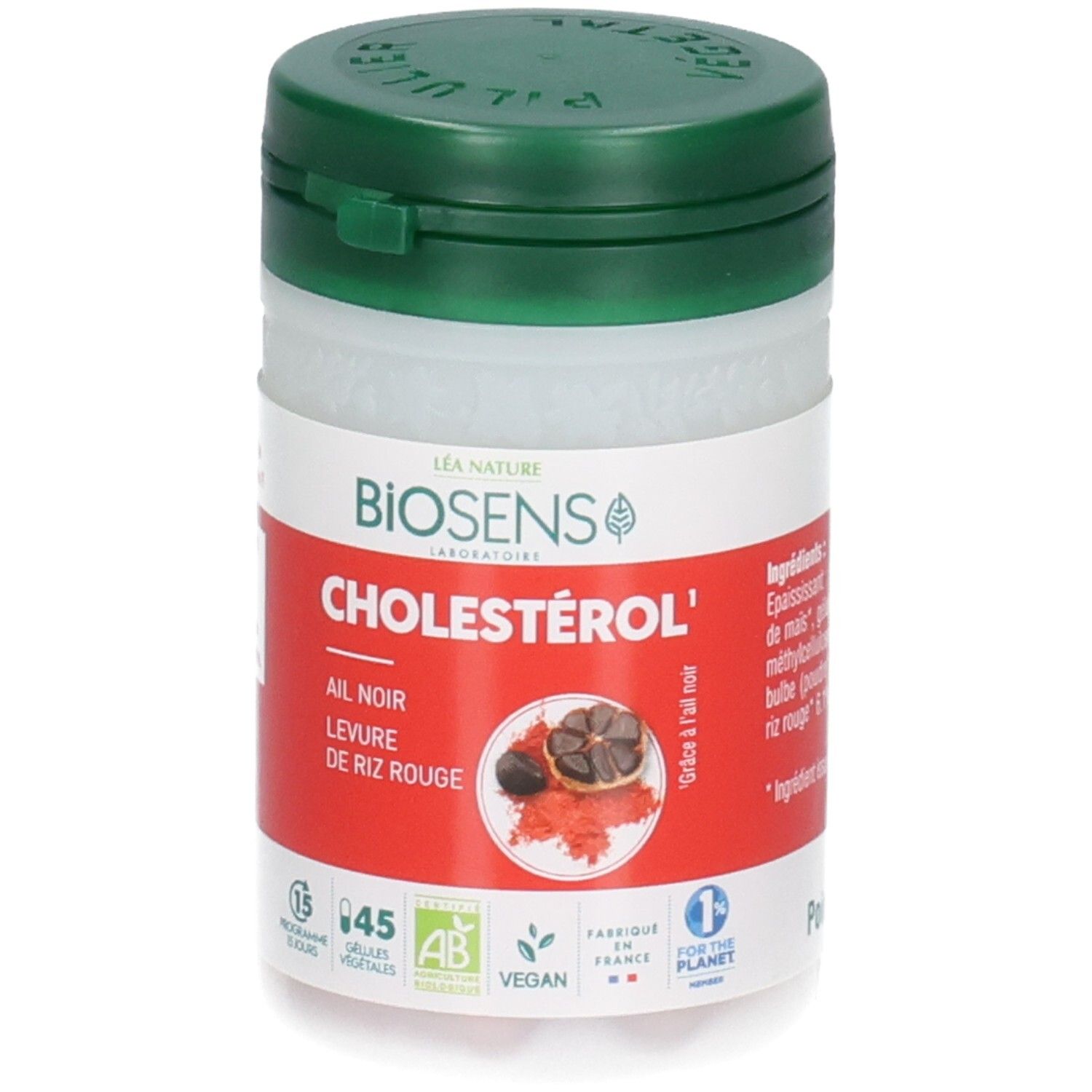 Boîte BIOSENS Cholestérol, étiquette rouge. Montre ail noir et levure de riz rouge.