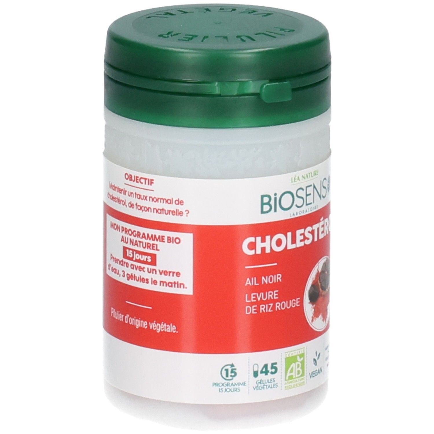 Boîte BIOSENS Cholestérol, étiquette rouge. Montre ail noir et levure de riz rouge.