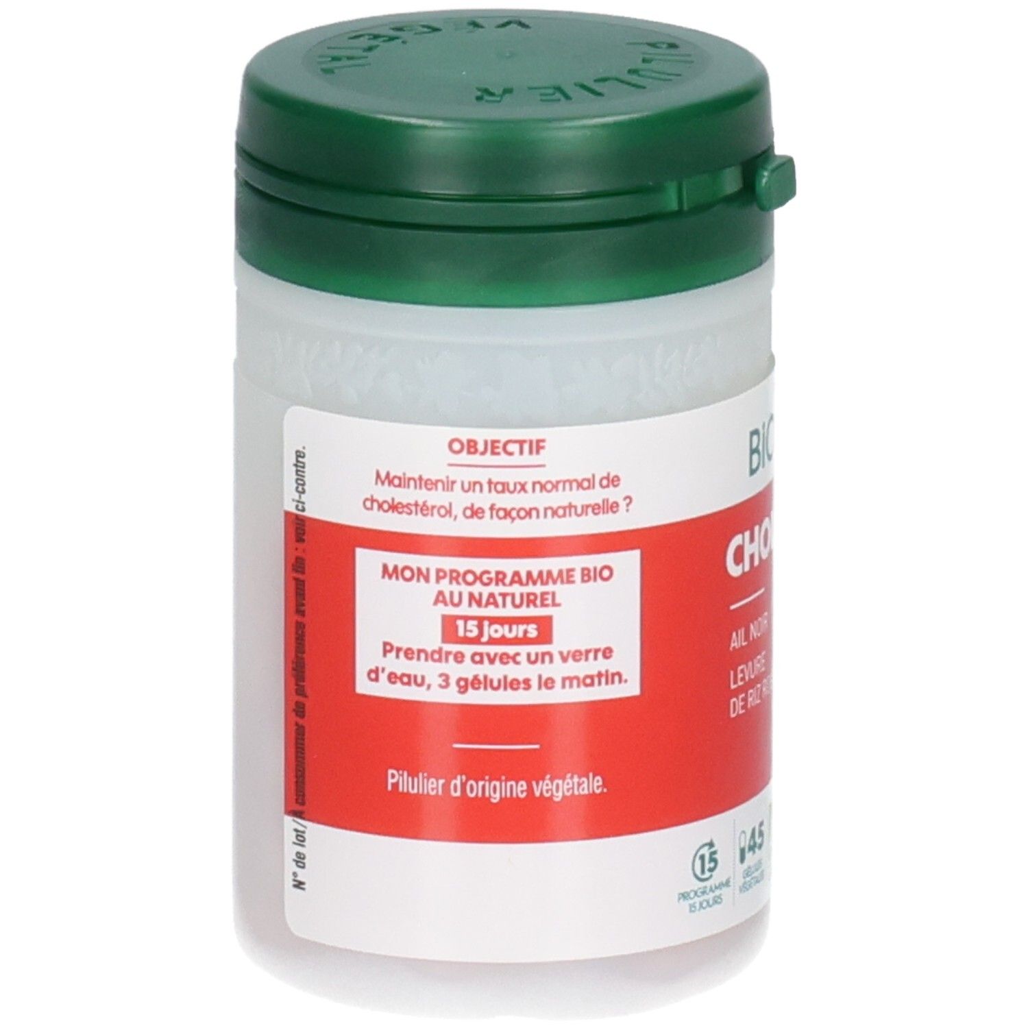 Boîte BIOSENS Cholestérol, étiquette rouge. Montre ail noir et levure de riz rouge.
