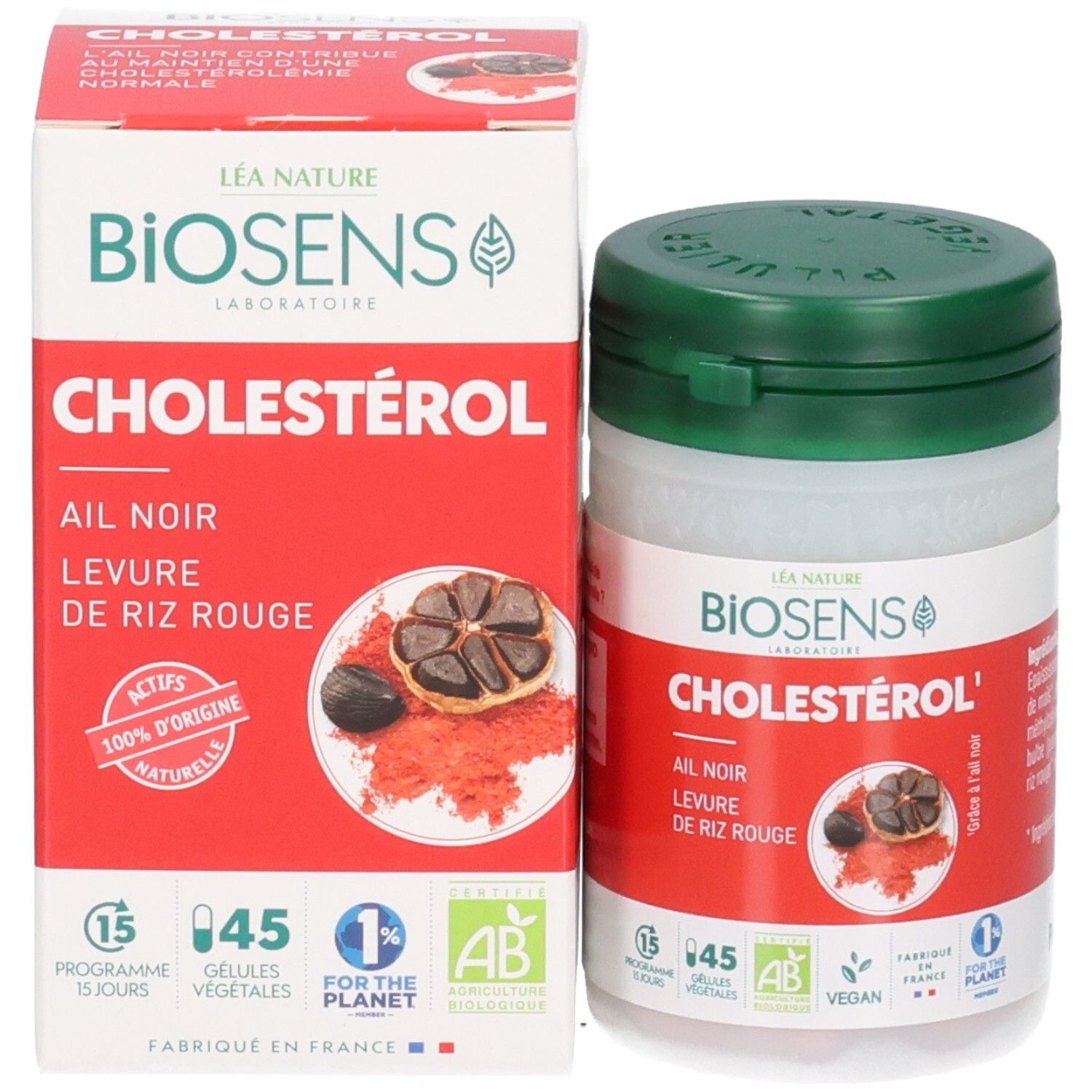 Boîte et emballage BIOSENS Cholestérol. Montrent ail noir et levure de riz rouge.