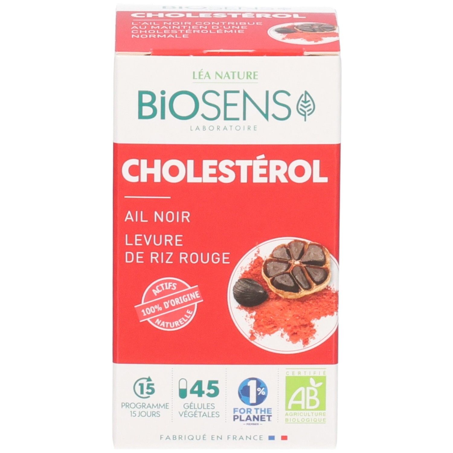 Emballage BIOSENS Cholestérol. Montre ail noir et levure de riz rouge. Fabriqué en France.