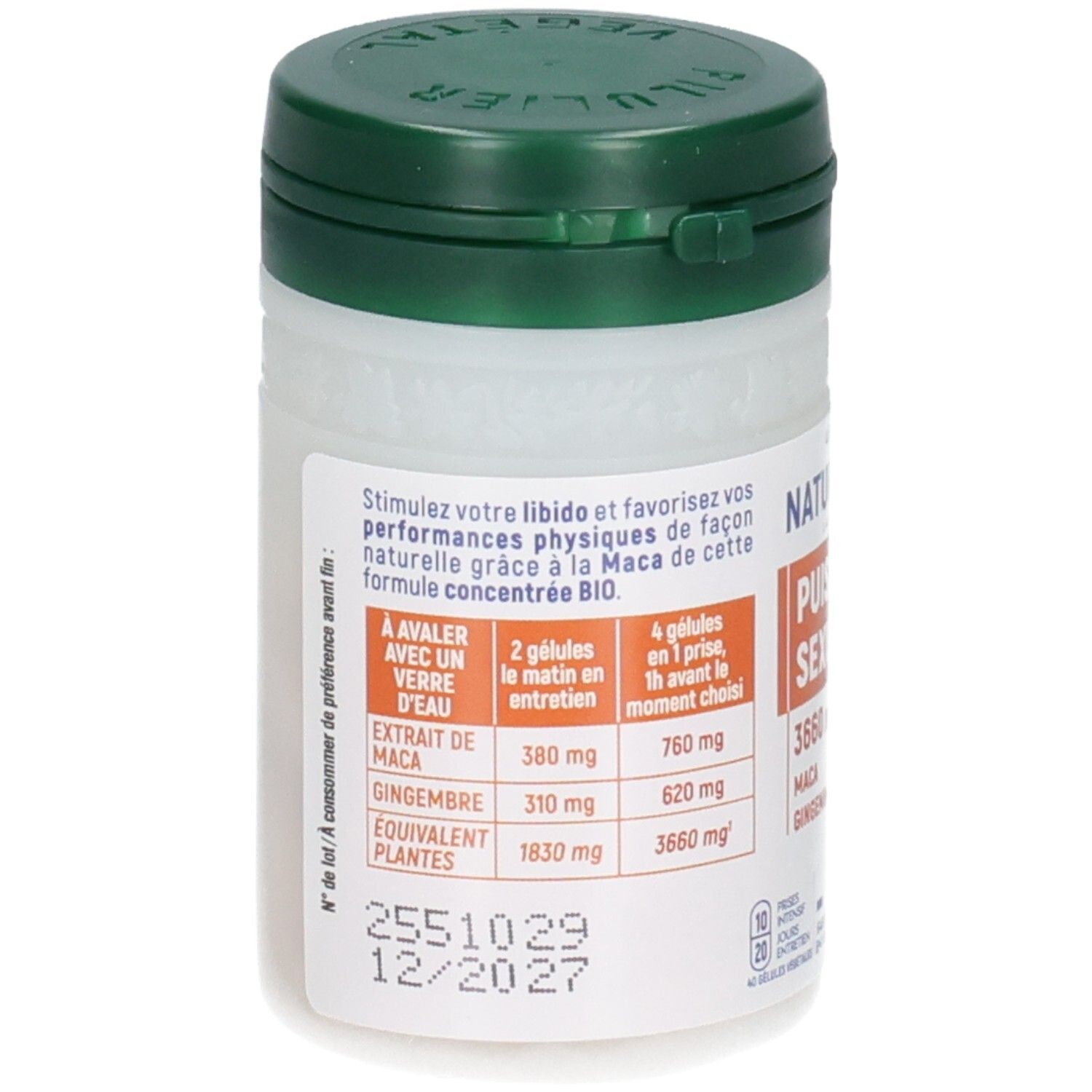 Flacon de compléments alimentaires, bouchon vert, étiquette avec tableau de dosage et ingrédients.