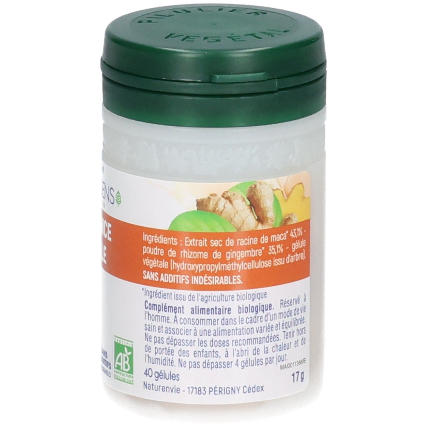 Flacon de compléments alimentaires, étiquette avec liste d'ingrédients et illustration de maca et gingembre.