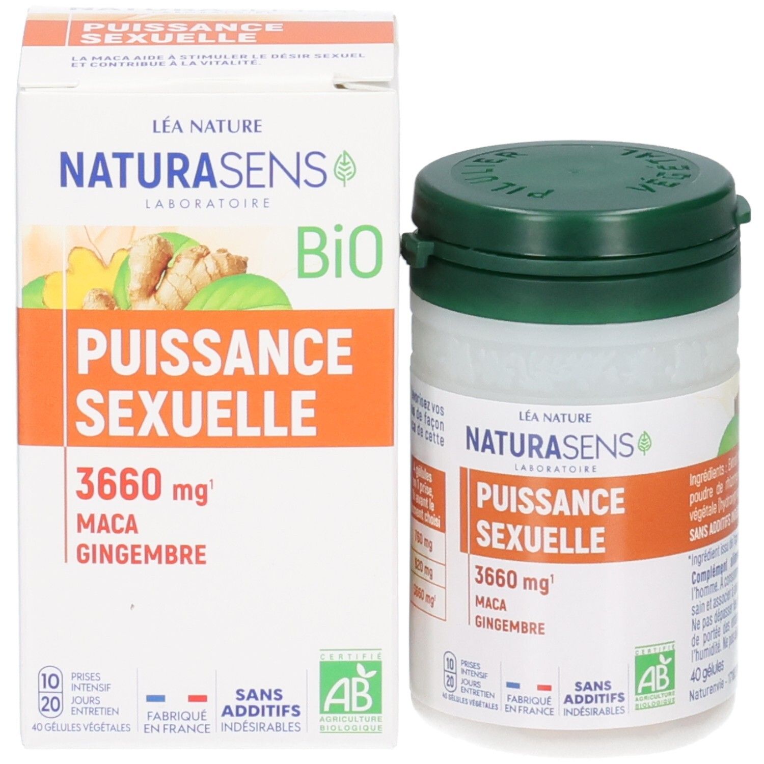 Boîte et flacon de compléments alimentaires, étiquette avec 'Puissance Sexuelle'.