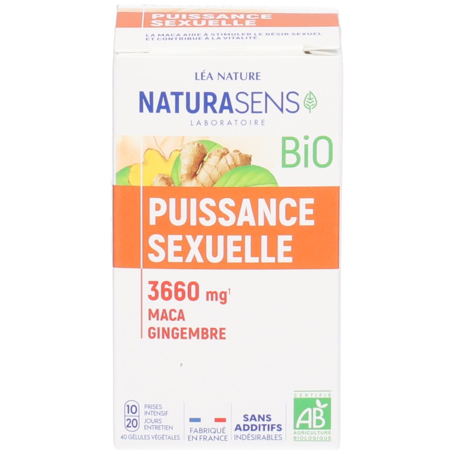 Boîte de compléments alimentaires, étiquette avec 'Puissance Sexuelle', maca et gingembre.