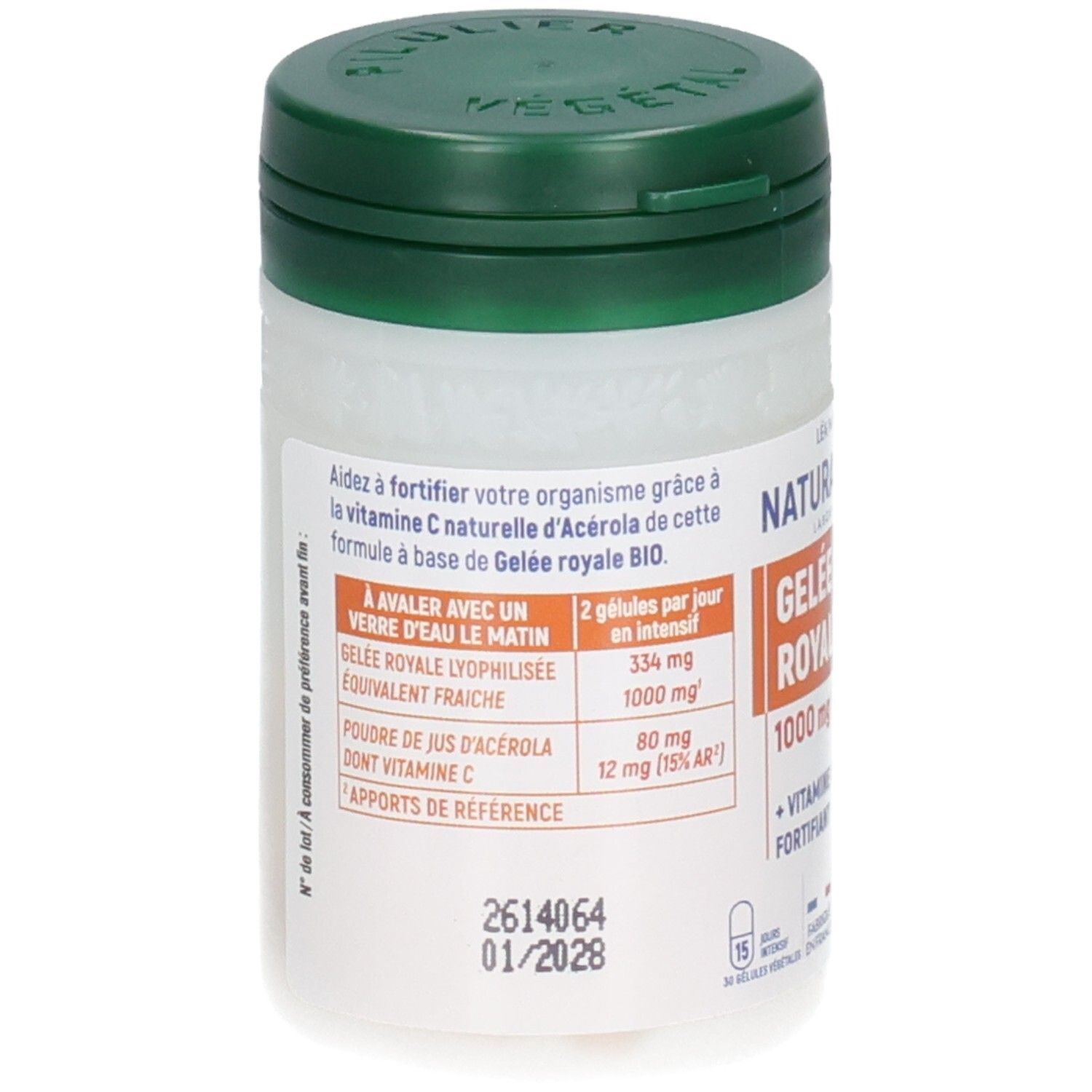 Flacon à bouchon vert, étiquette avec informations sur la Gelée Royale et la Vitamine C.