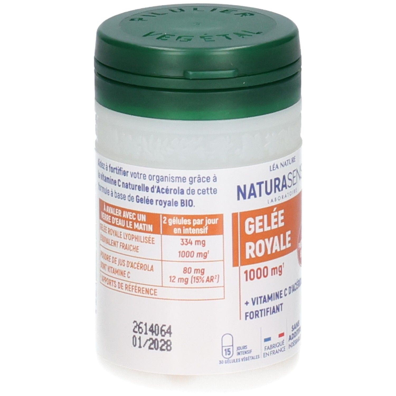 Flacon à bouchon vert, étiquette avec dosage et ingrédients de Gelée Royale.