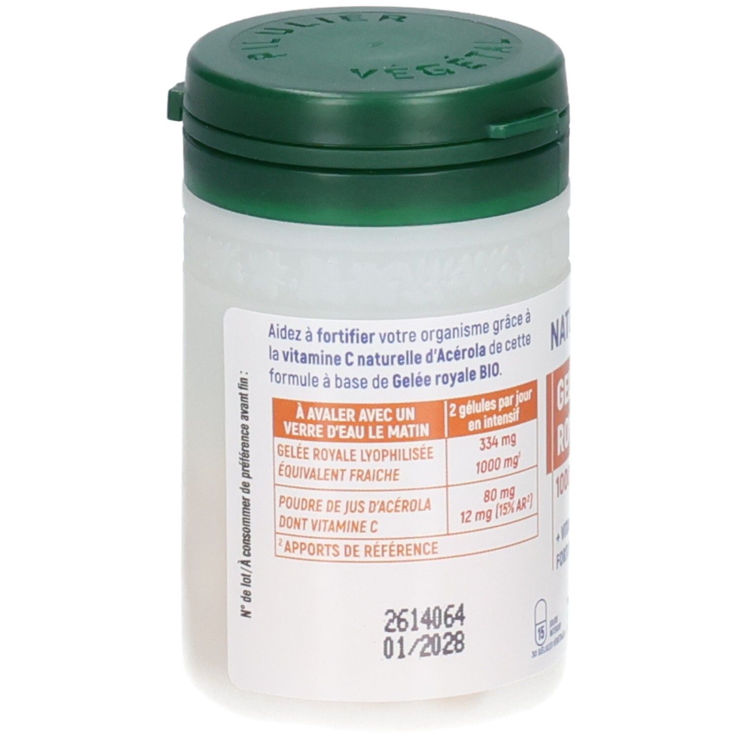 Flacon à bouchon vert, étiquette avec informations sur la Gelée Royale et la Vitamine C.
