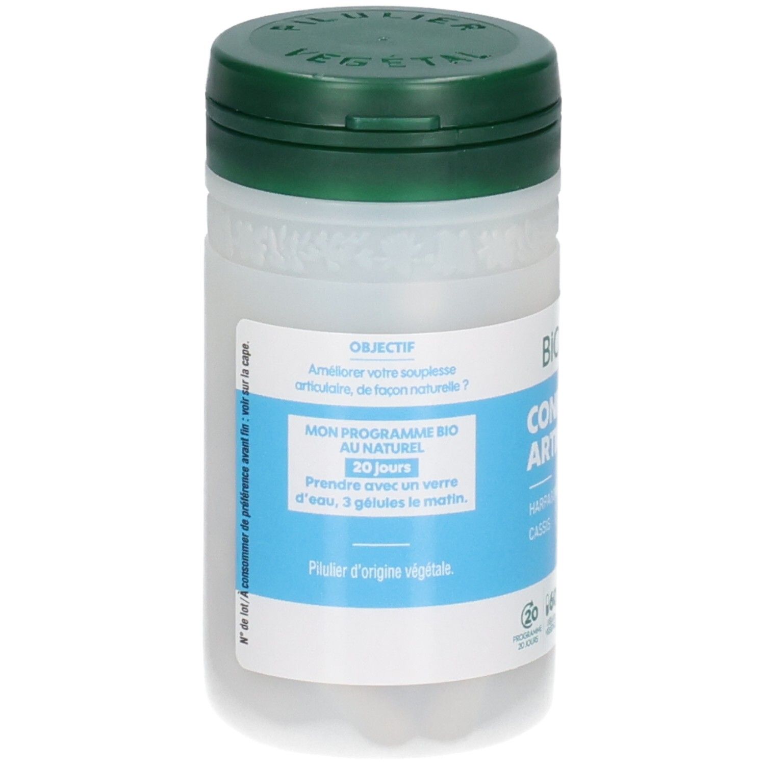 Boîte de gélules blanche à couvercle vert, étiquette avec informations produit, gélules visibles.