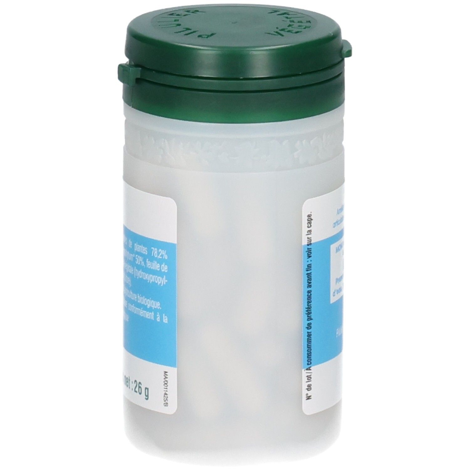 Boîte de gélules blanche à couvercle vert, vue latérale avec étiquette et gélules visibles.