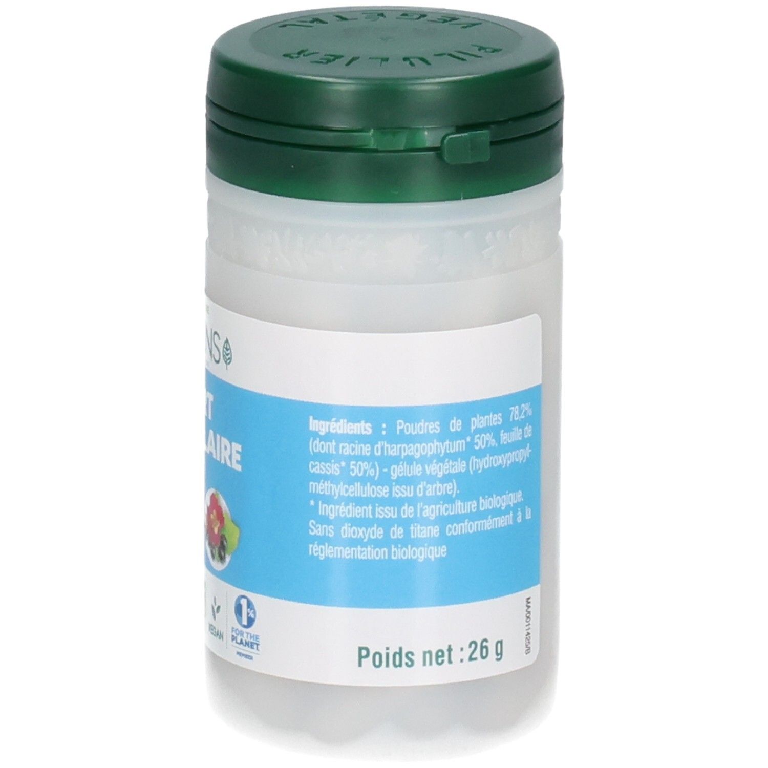 Boîte de gélules blanche à couvercle vert, étiquette avec ingrédients et poids net 26g.