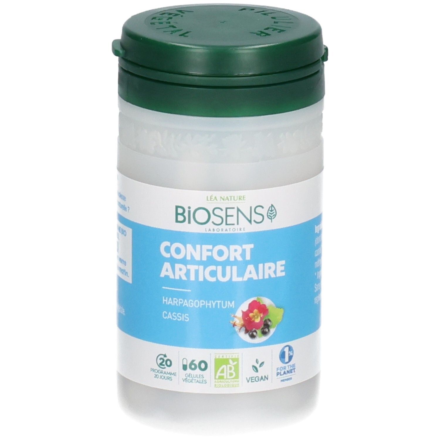 Boîte de gélules blanche à couvercle vert, étiquette avec nom produit, Harpagophytum, Cassis et logos.