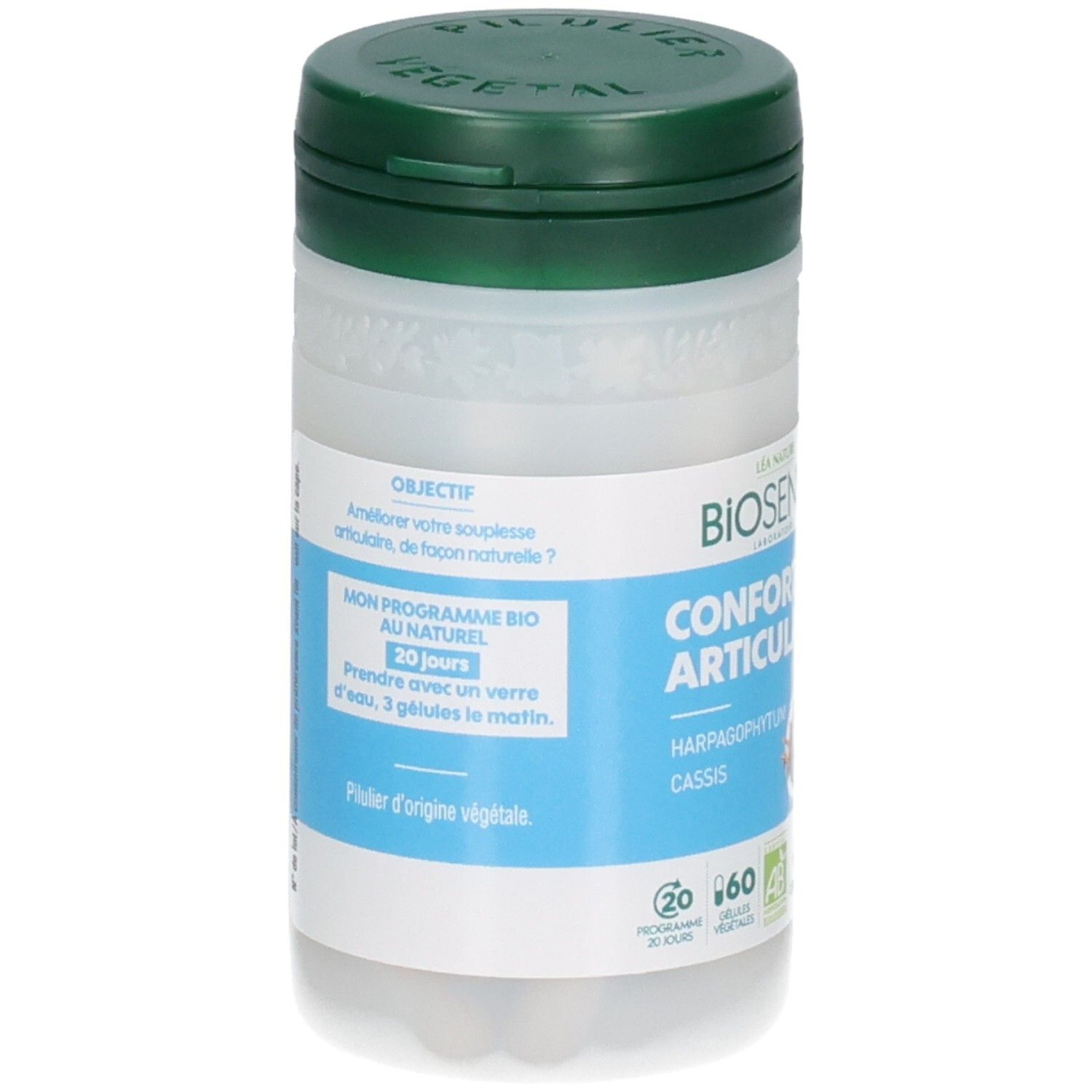 Boîte de gélules blanche à couvercle vert, étiquette avec informations sur le programme et la prise.