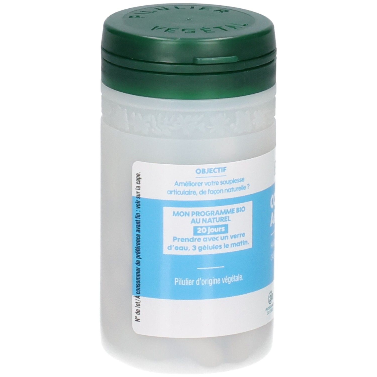 Boîte de gélules blanche à couvercle vert, étiquette avec informations produit, gélules visibles.
