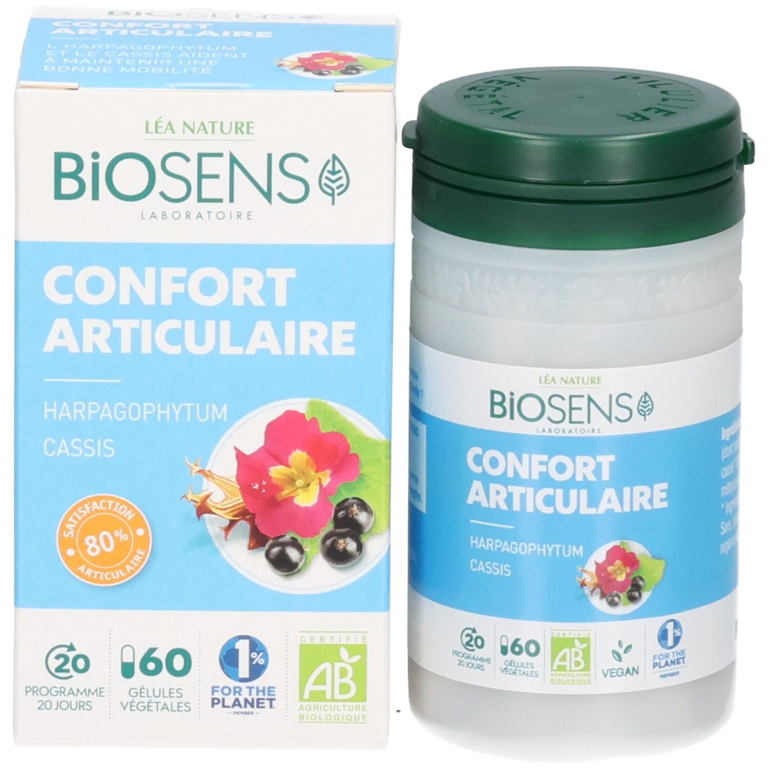 Boîte et flacon du produit BIOSENS Confort Articulaire, avec logos et image produit.