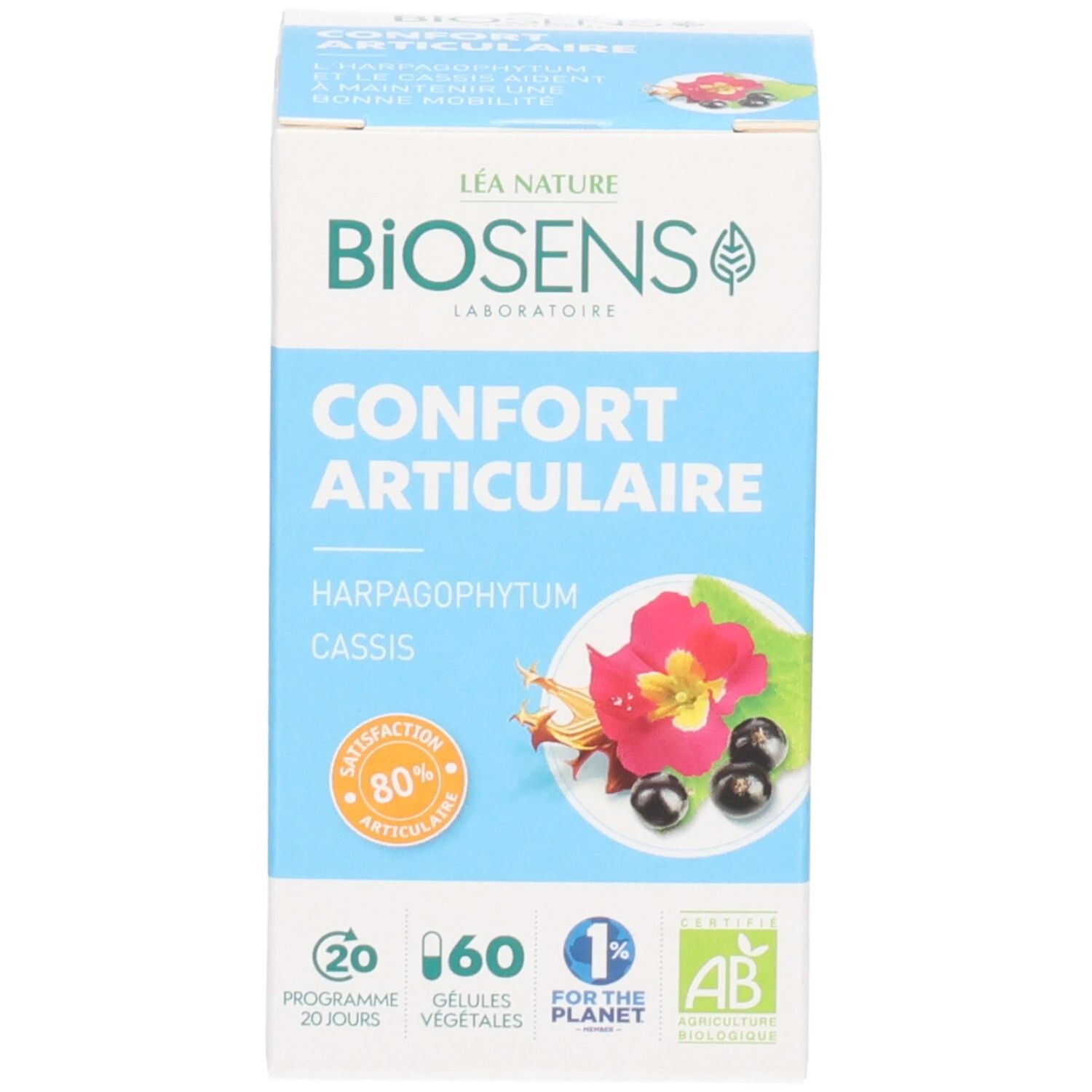 Boîte du produit BIOSENS Confort Articulaire, avec logos, image produit et texte.