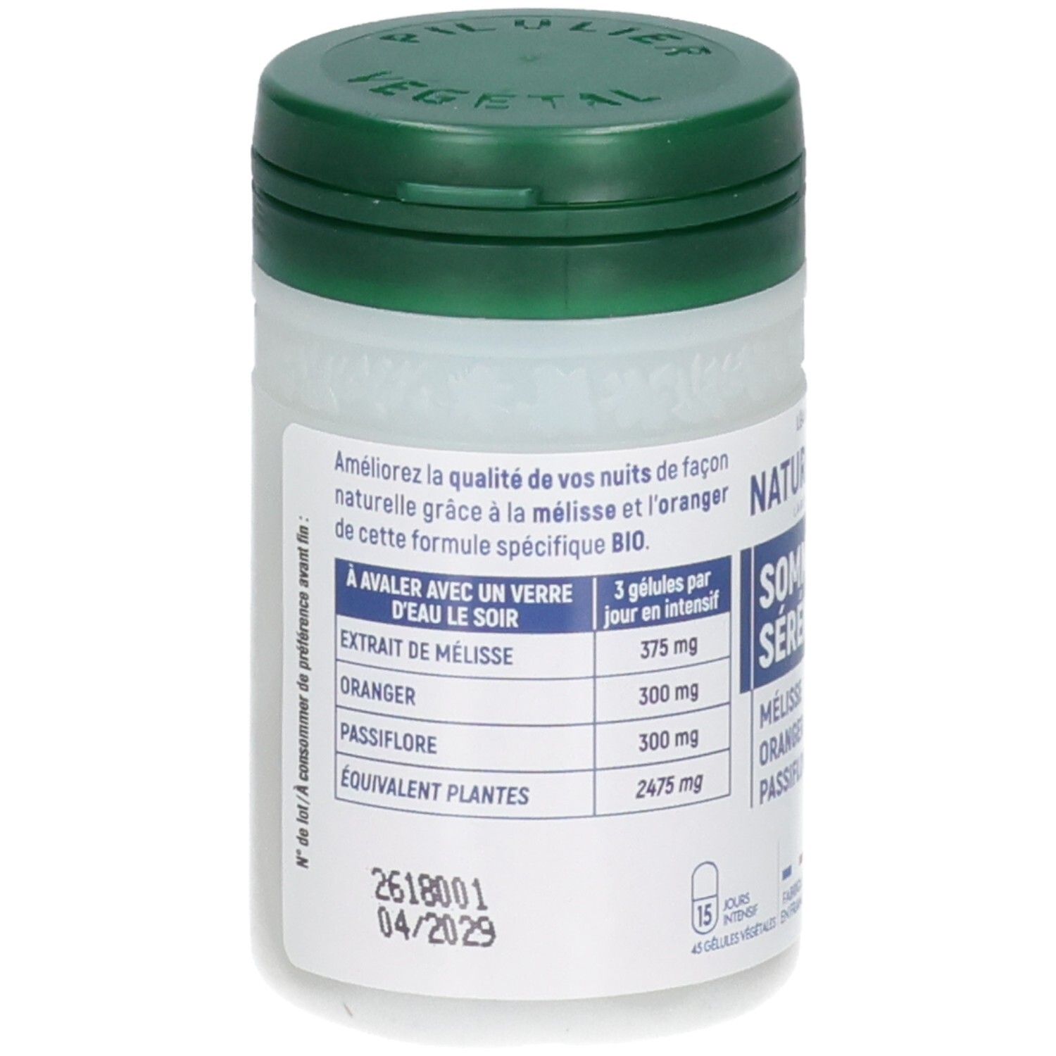 Flacon de compléments alimentaires, bouchon vert, étiquette avec ingrédients et dosage.