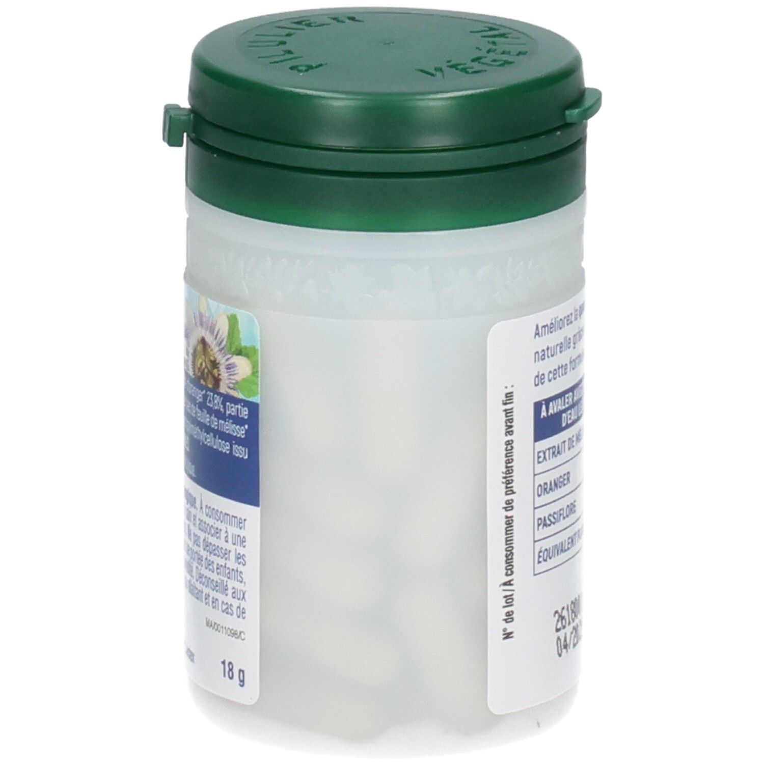 Flacon de compléments alimentaires, bouchon vert, partiellement rempli de gélules.