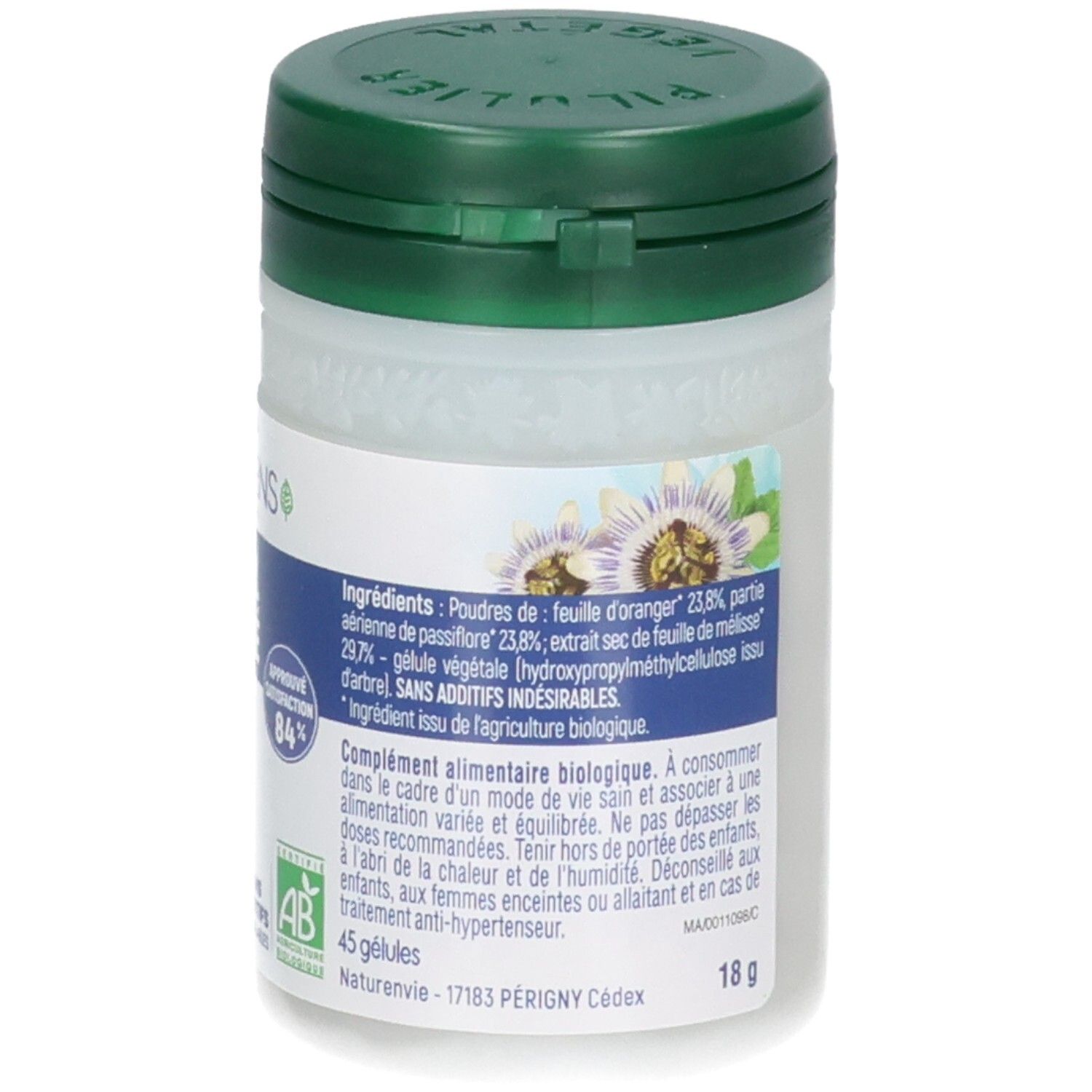Flacon de compléments alimentaires, bouchon vert, étiquette avec label Bio et ingrédients.