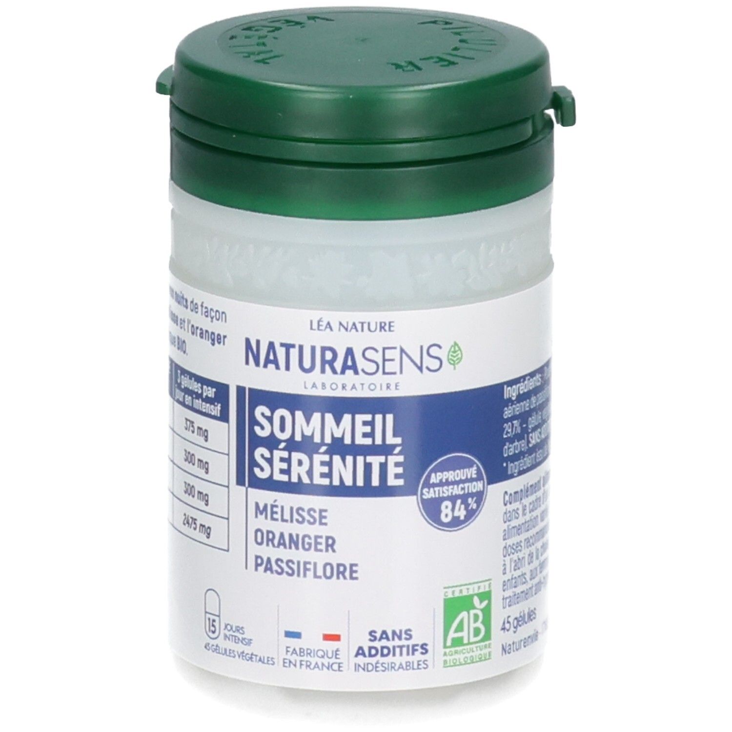 Emballage et flacon de BIOSENS Sommeil Sérénité, à la mélisse, orange, passiflore.
