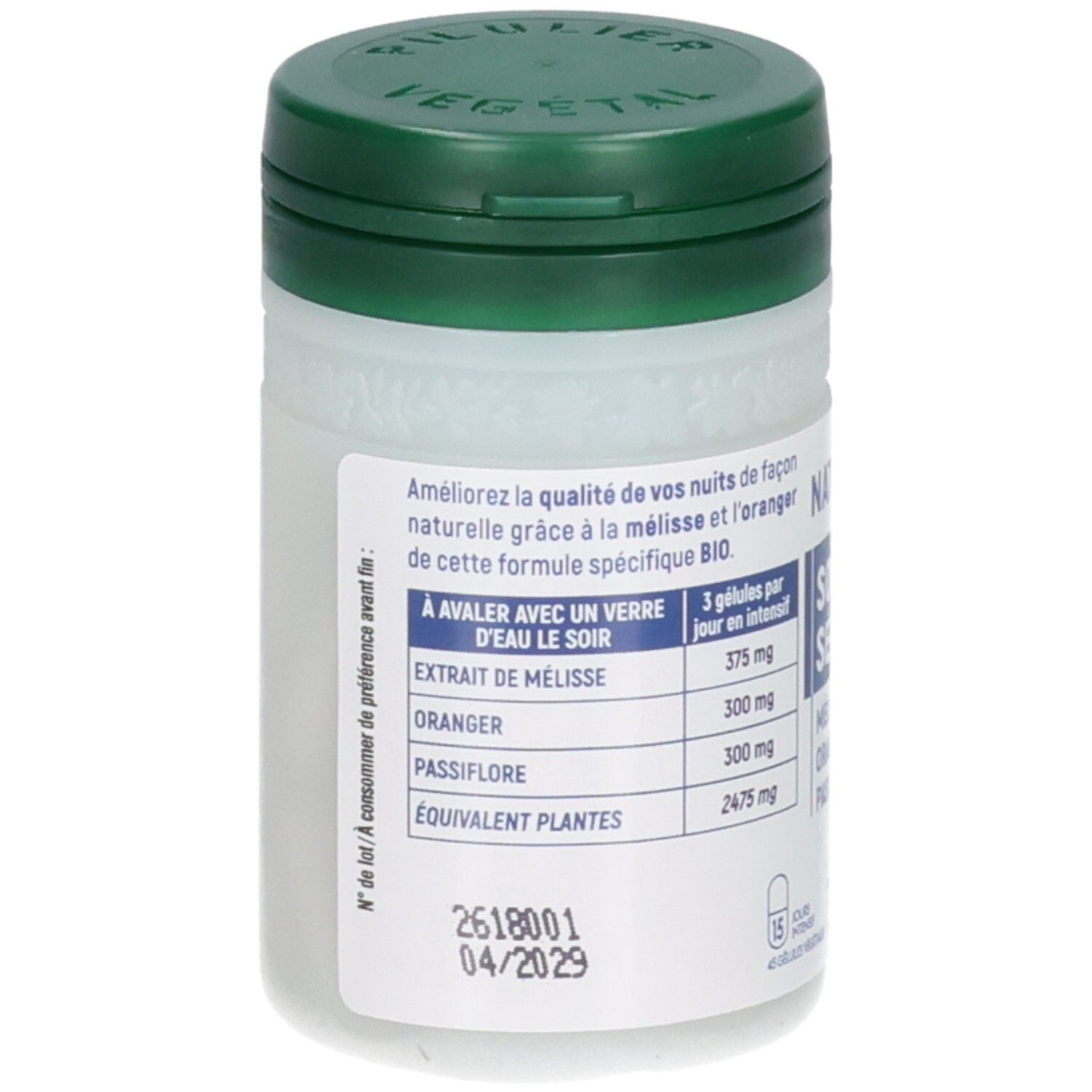 Flacon de compléments alimentaires, bouchon vert, étiquette avec ingrédients et dosage.