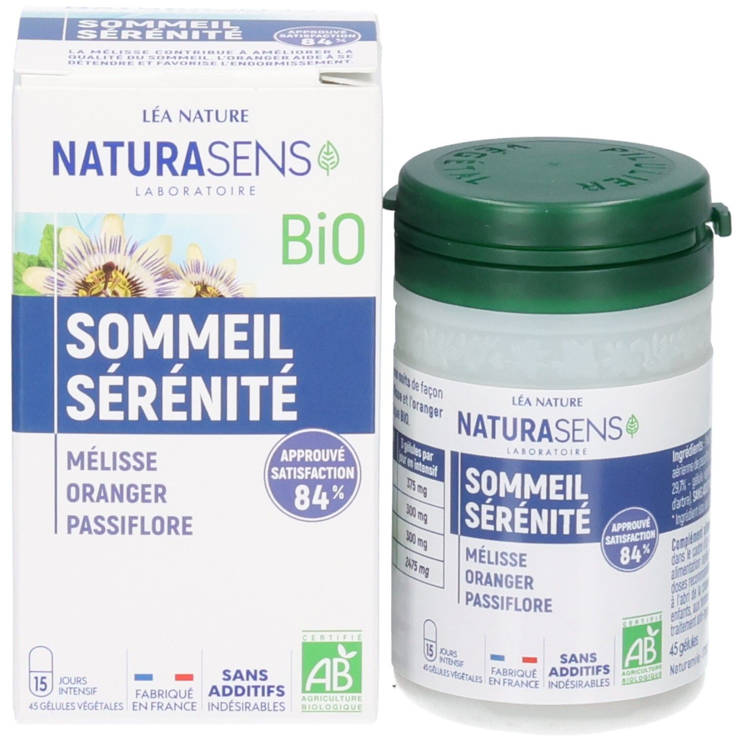 Emballage et flacon de BIOSENS Sommeil Sérénité, à la mélisse, orange, passiflore.