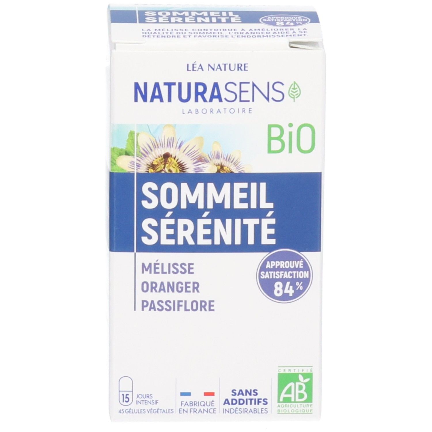 Emballage de BIOSENS Sommeil Sérénité, à la mélisse, orange, passiflore, label Bio.