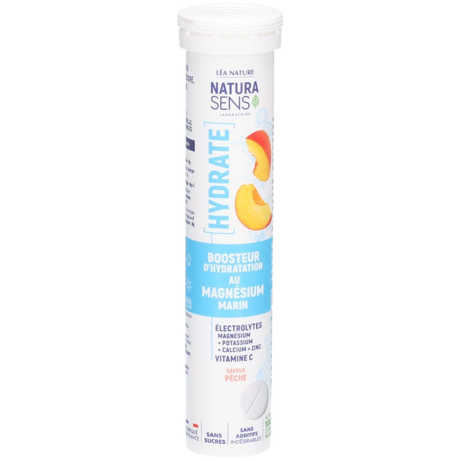 Tube de comprimés effervescents, saveur pêche, avec électrolytes et magnésium.