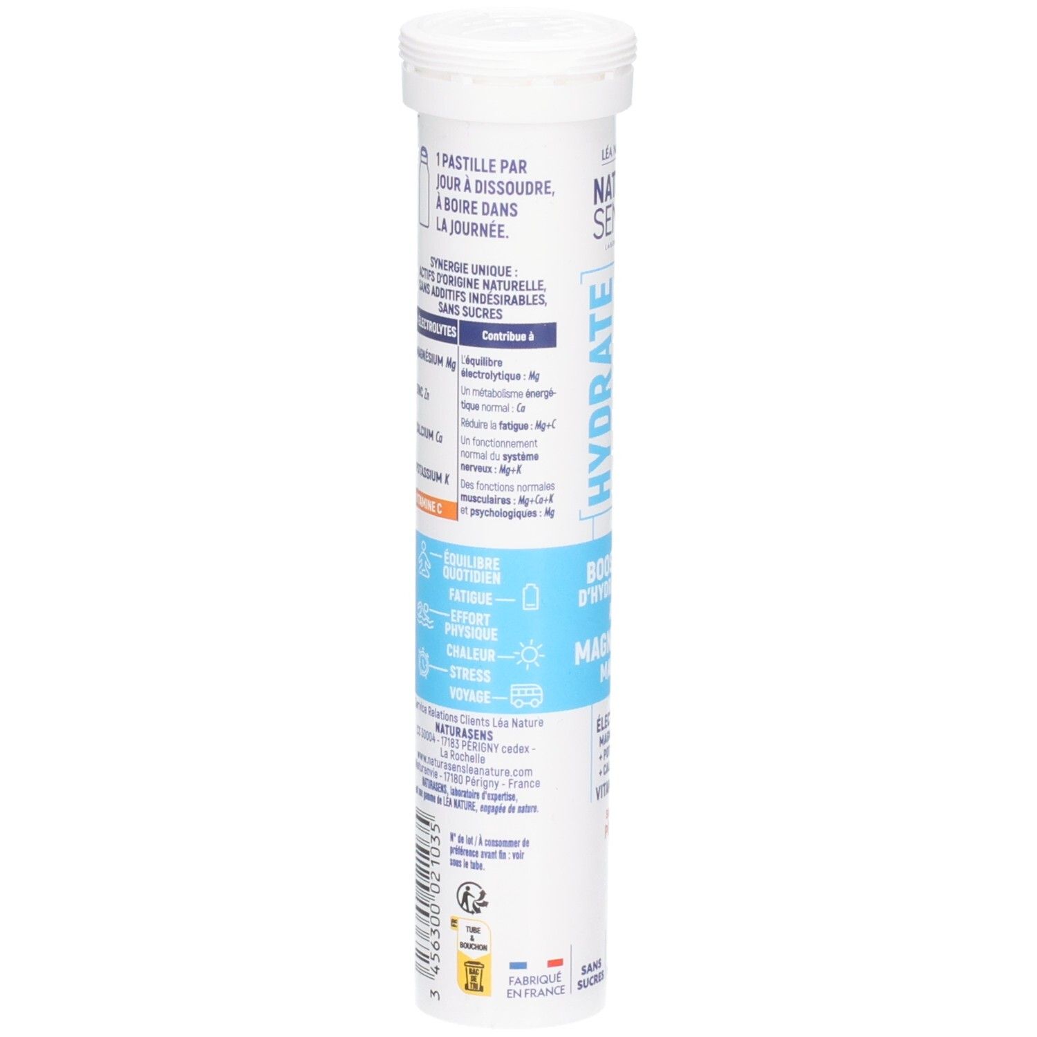 Arrière d'un tube de comprimés effervescents, avec informations sur les ingrédients et l'utilisation.