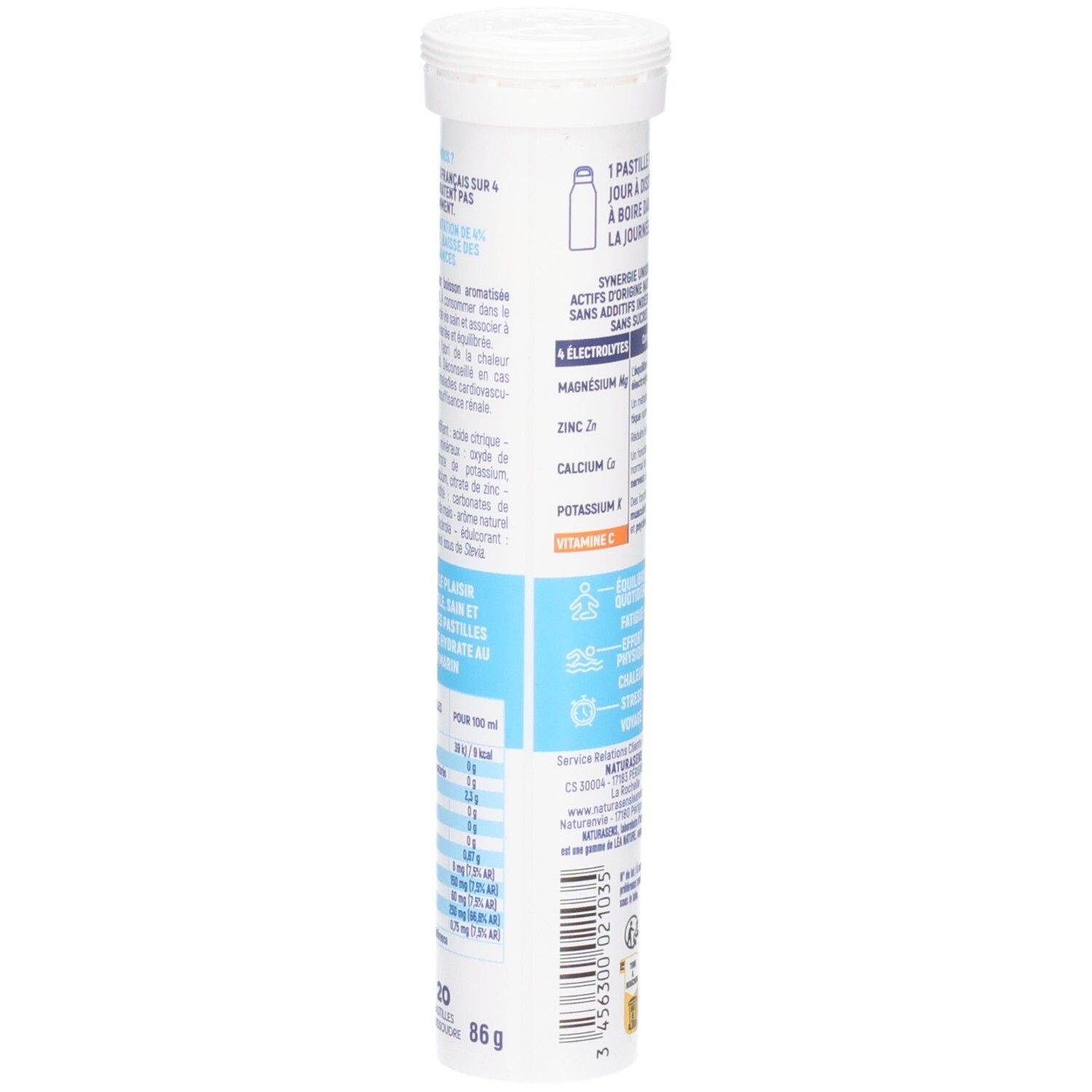 Vue latérale d'un tube de comprimés effervescents, avec tableau nutritionnel et ingrédients.