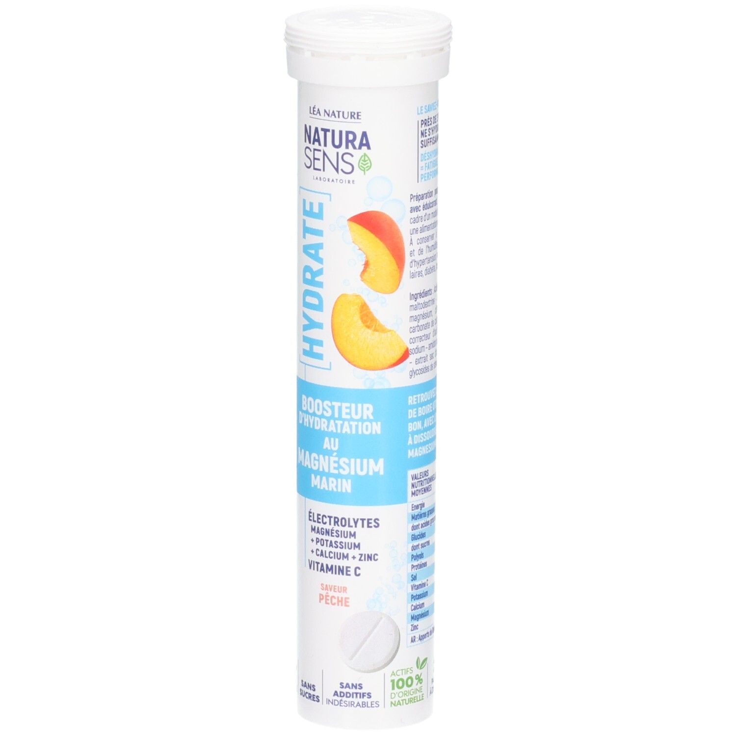 Tube de comprimés effervescents, saveur pêche, avec électrolytes et magnésium.
