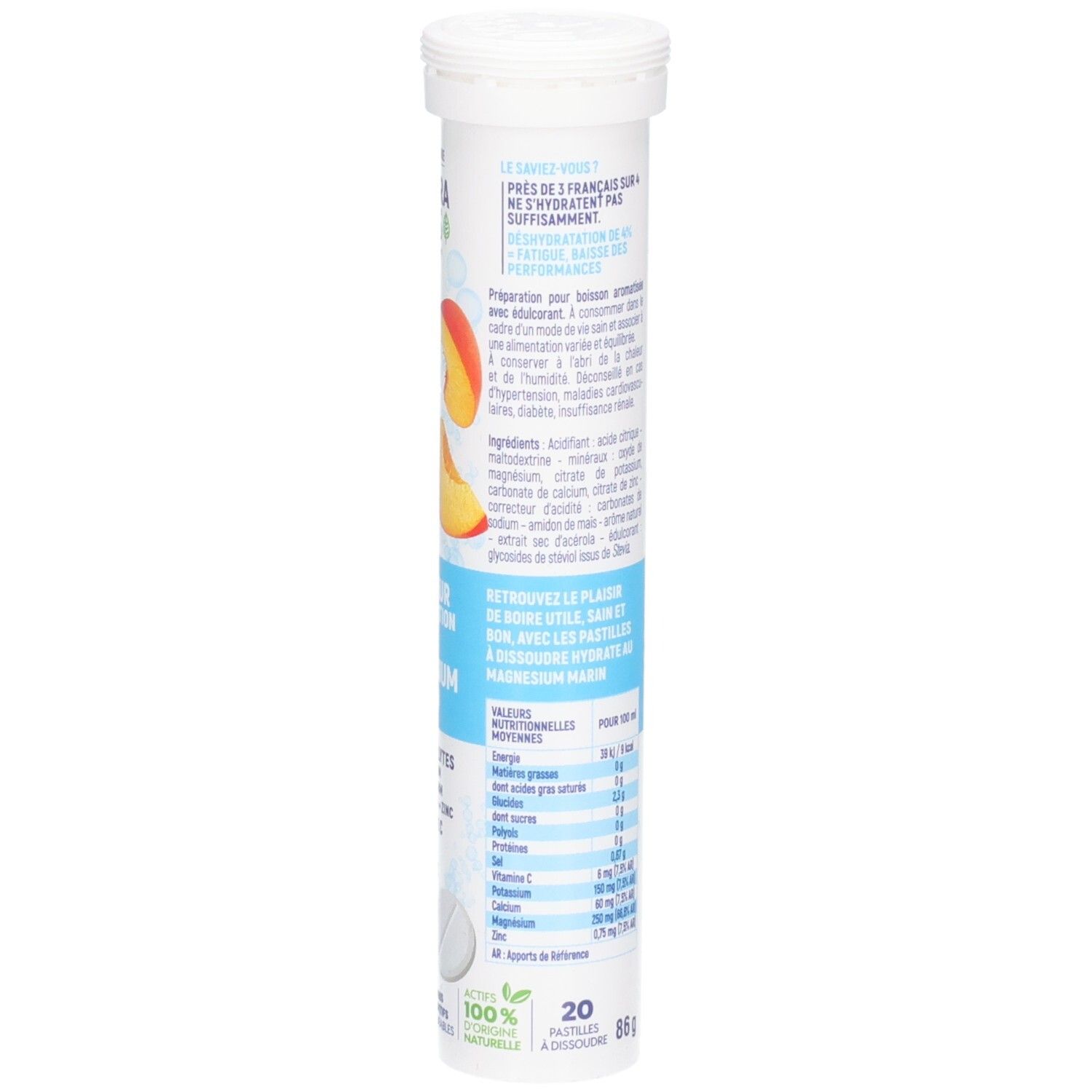 Vue latérale d'un tube de comprimés effervescents, avec liste détaillée des ingrédients et instructions.