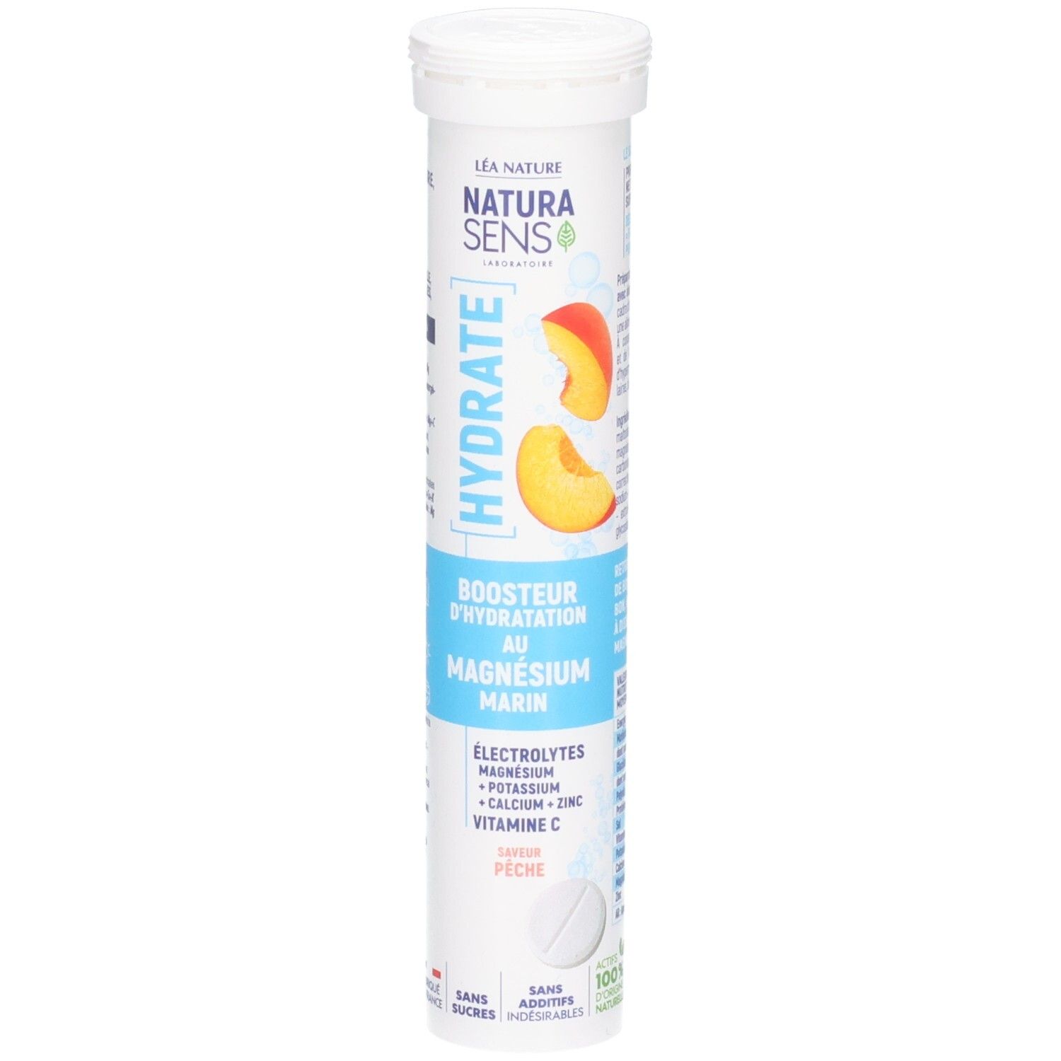 Tube de comprimés effervescents, saveur pêche, avec électrolytes et magnésium.