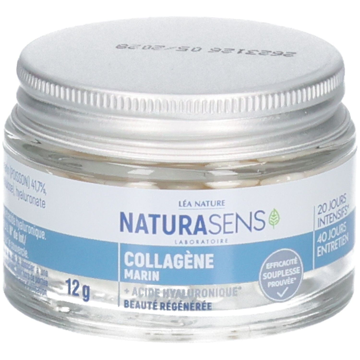 Bocal en verre avec couvercle argenté. L'étiquette indique 'NATURASENS COLLAGÈNE MARIN + ACIDE HYALURONIQUE'. 12g.