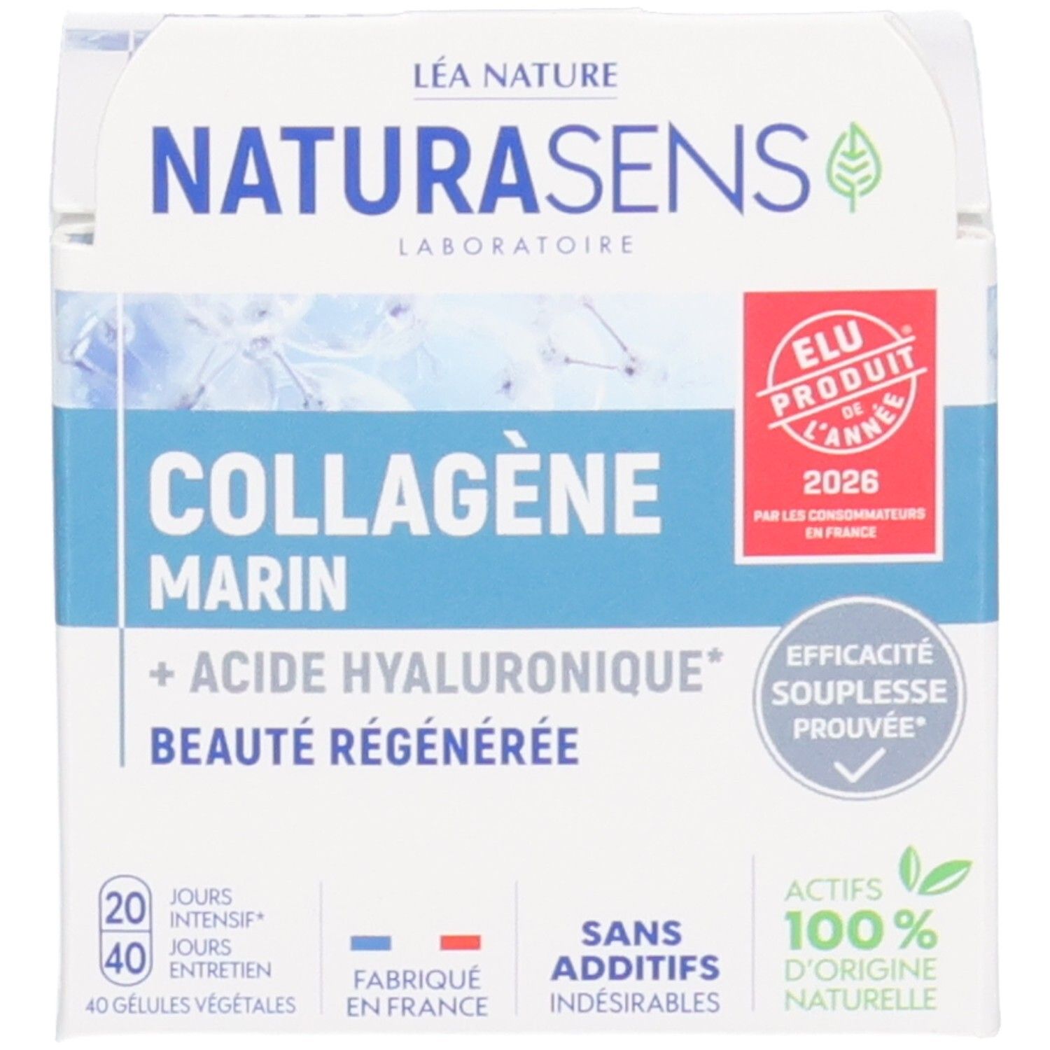 Emballage indique 'NATURASENS COLLAGÈNE MARIN + ACIDE HYALURONIQUE'. Mention 'ÉLU PRODUIT DE L'ANNÉE 2026'.