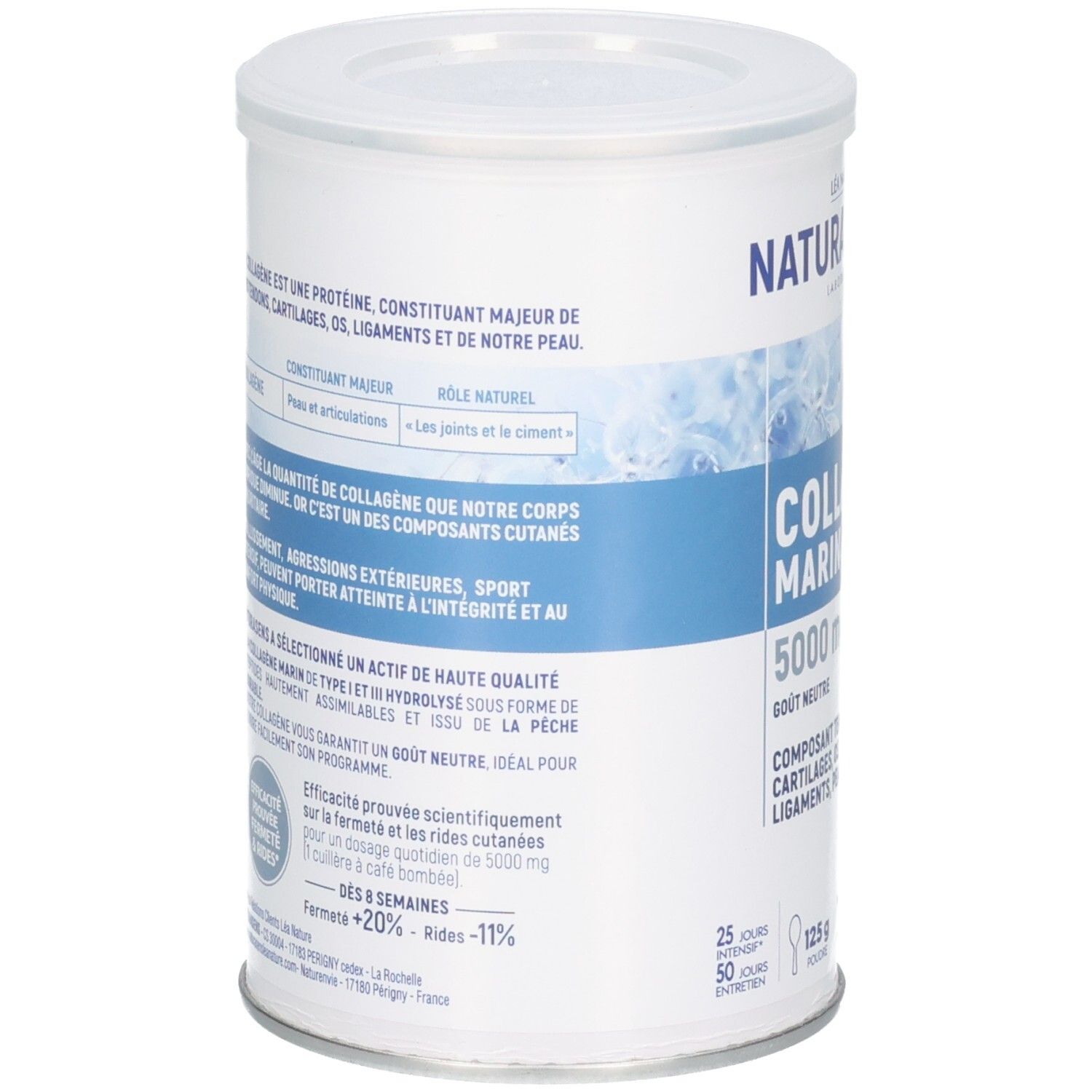 Arrière d'une boîte de poudre de collagène avec informations produit.