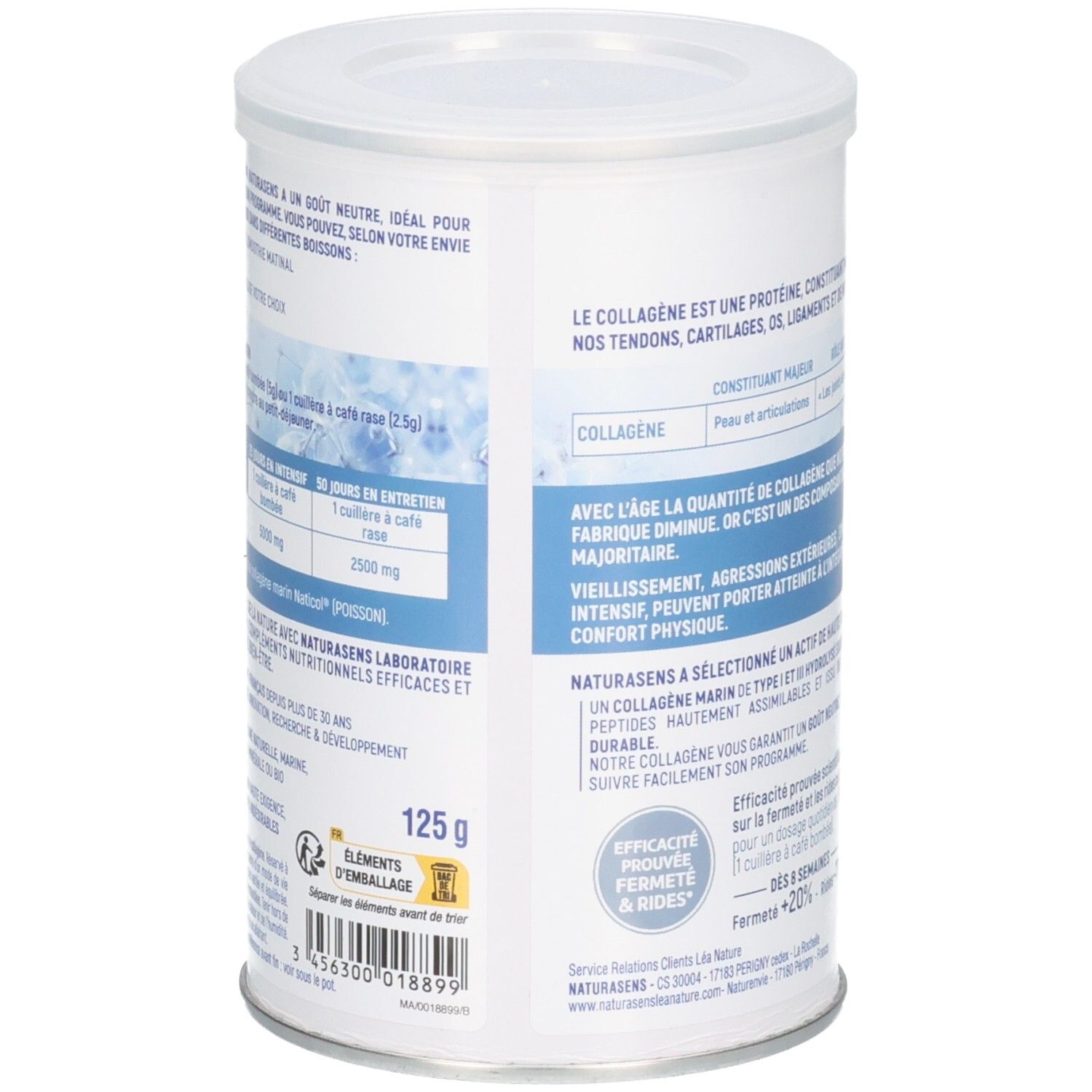 Arrière d'une boîte de poudre de collagène avec informations produit et code-barres.