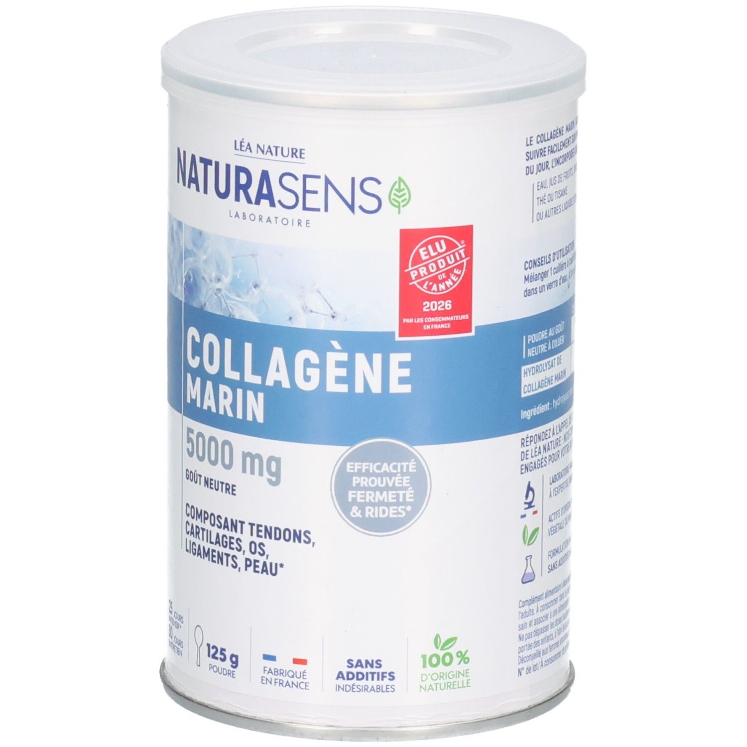 Boîte de poudre de collagène marin 5000 mg, 125 g, avec sceau 'ÉLU PRODUIT DE L'ANNÉE 2026'.