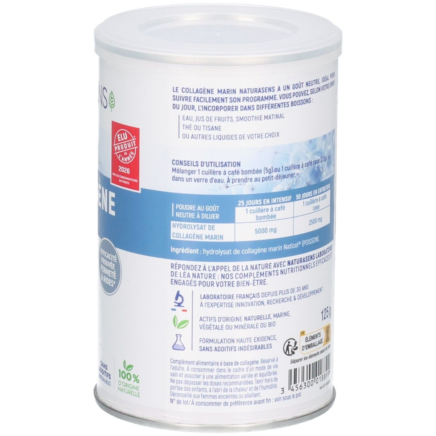 Arrière d'une boîte de poudre de collagène avec instructions d'utilisation détaillées.