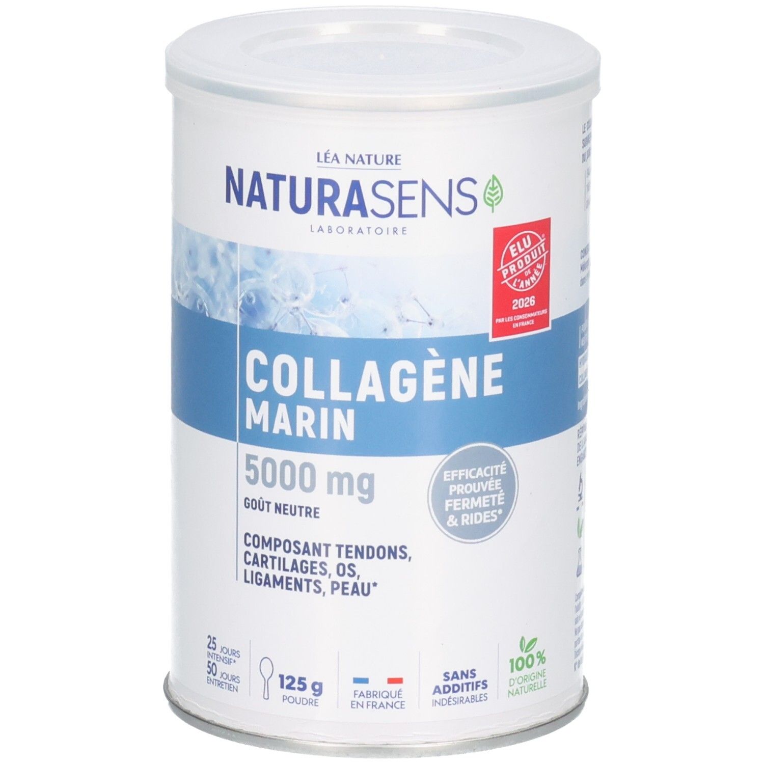 Boîte de poudre de collagène marin 5000 mg, 125 g, avec sceau 'ÉLU PRODUIT DE L'ANNÉE 2026'.
