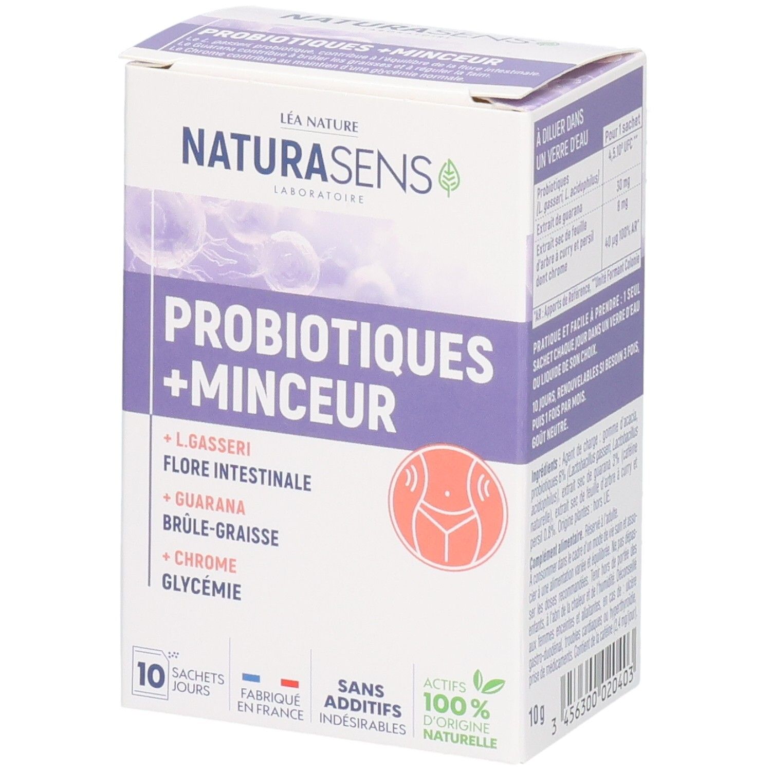NATURASENS Probiotiques + Minceur boîte de 10 sachets. Contient L. gasseri, Guarana, Chrome.